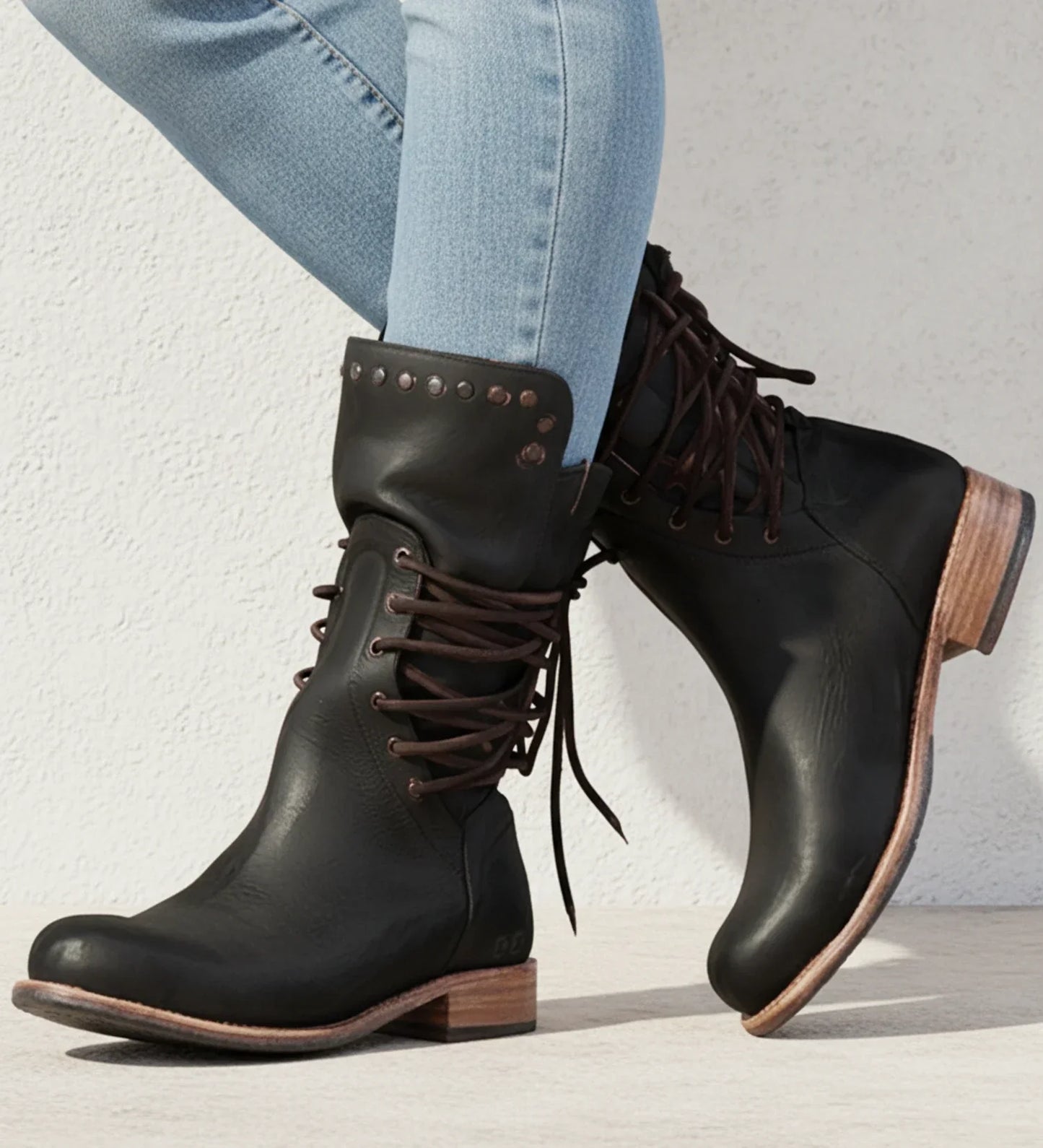 Women black lace-up ankle boots with back zipper, rugged mid-calf silhouette for all-day comfort