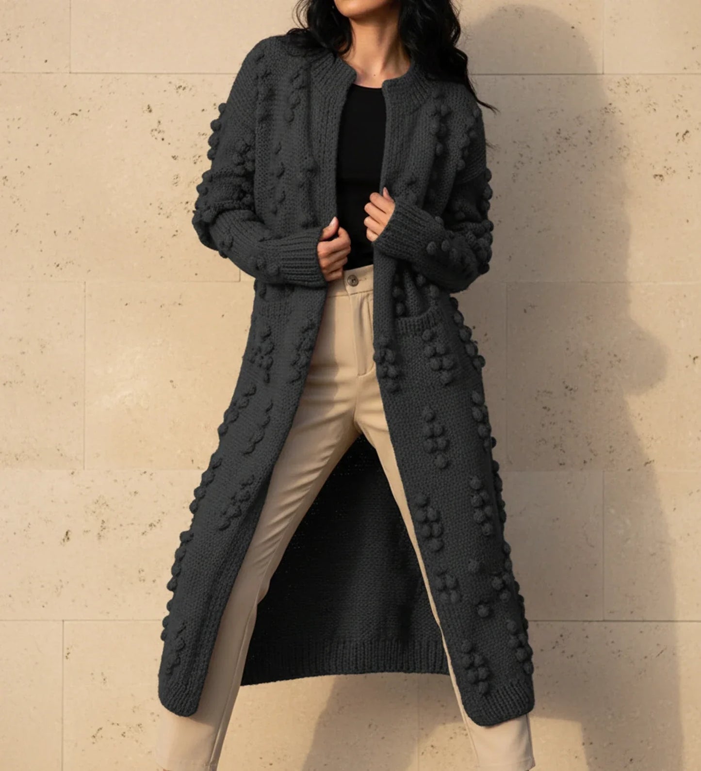 Women's longline open-front popcorn textured cardigan versatile layering piece with elongated silhouette
