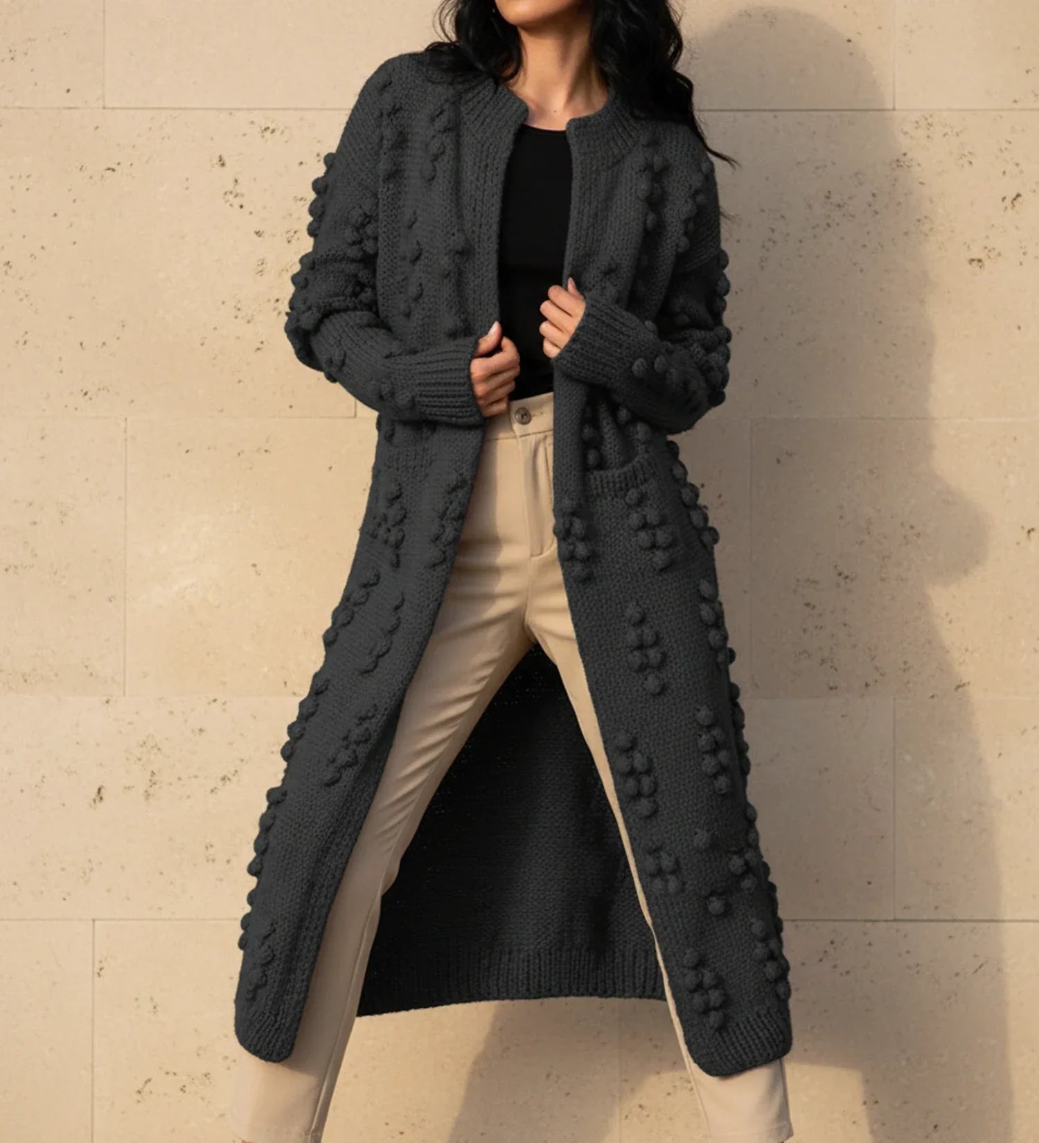 Women's longline open-front popcorn textured cardigan versatile layering piece with elongated silhouette