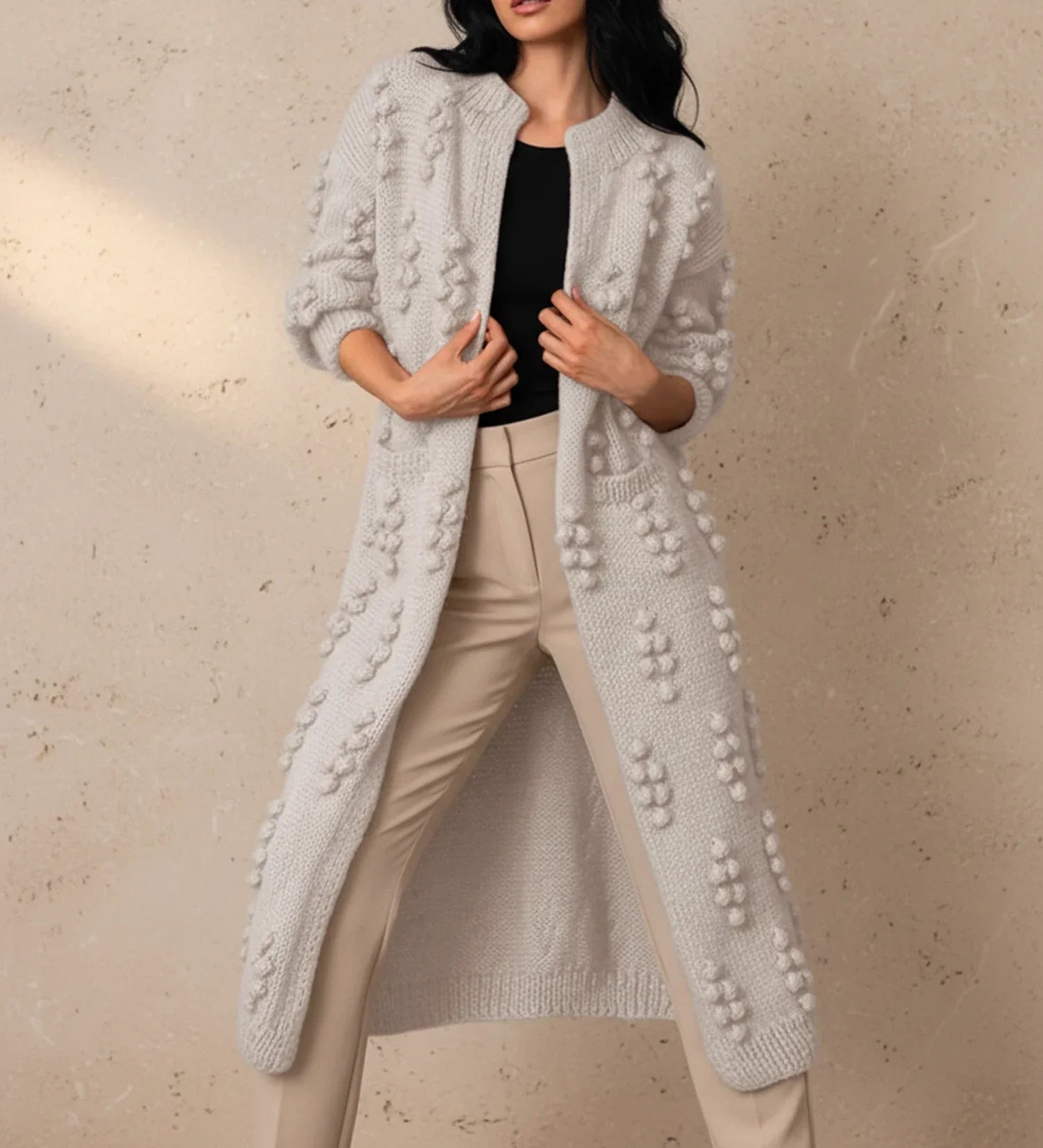 Women's longline open-front popcorn cardigan textured knit versatile layering piece with elongated silhouette