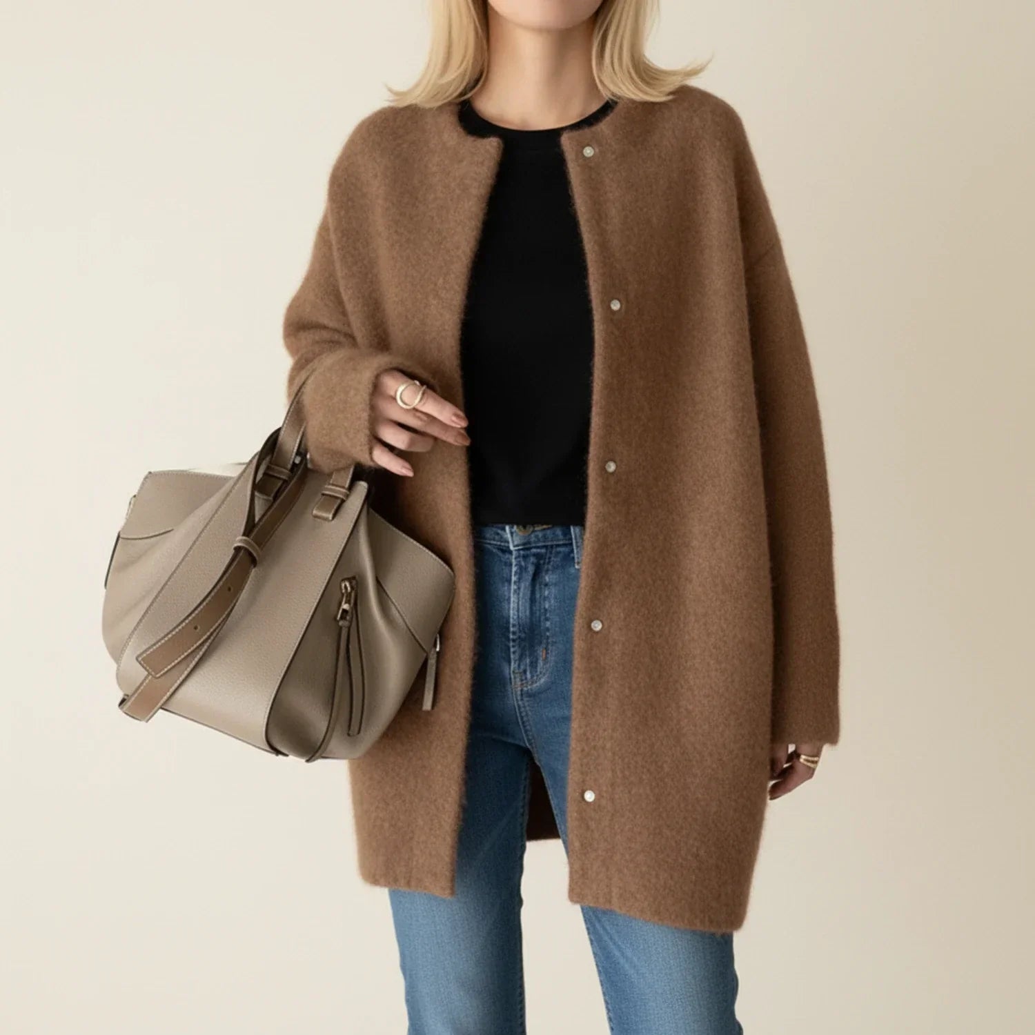 Women's longline open-front cardigan cozy winter layering piece with collarless relaxed fit