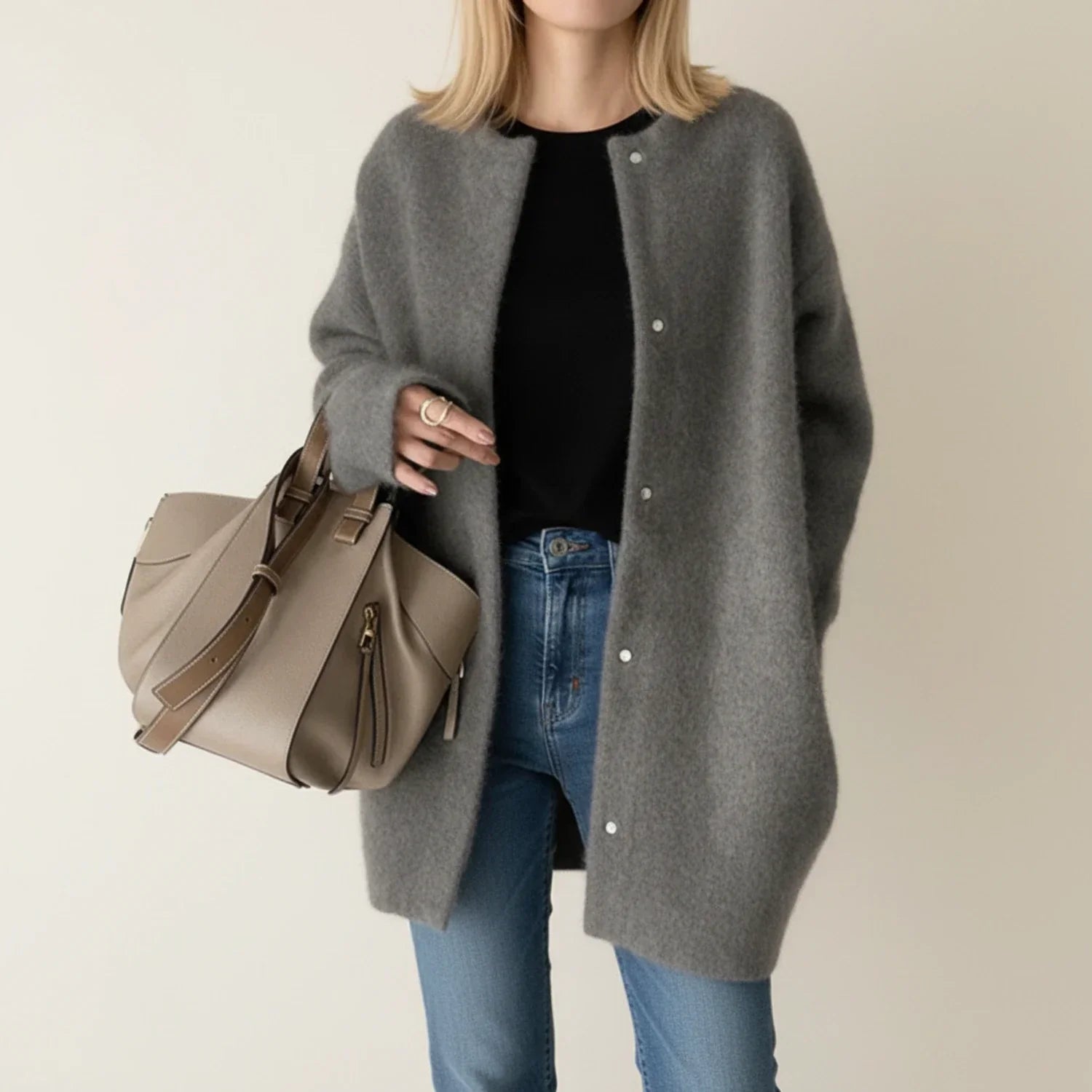 Women's longline open-front cardigan cozy collarless knit layering piece for winter everyday wear