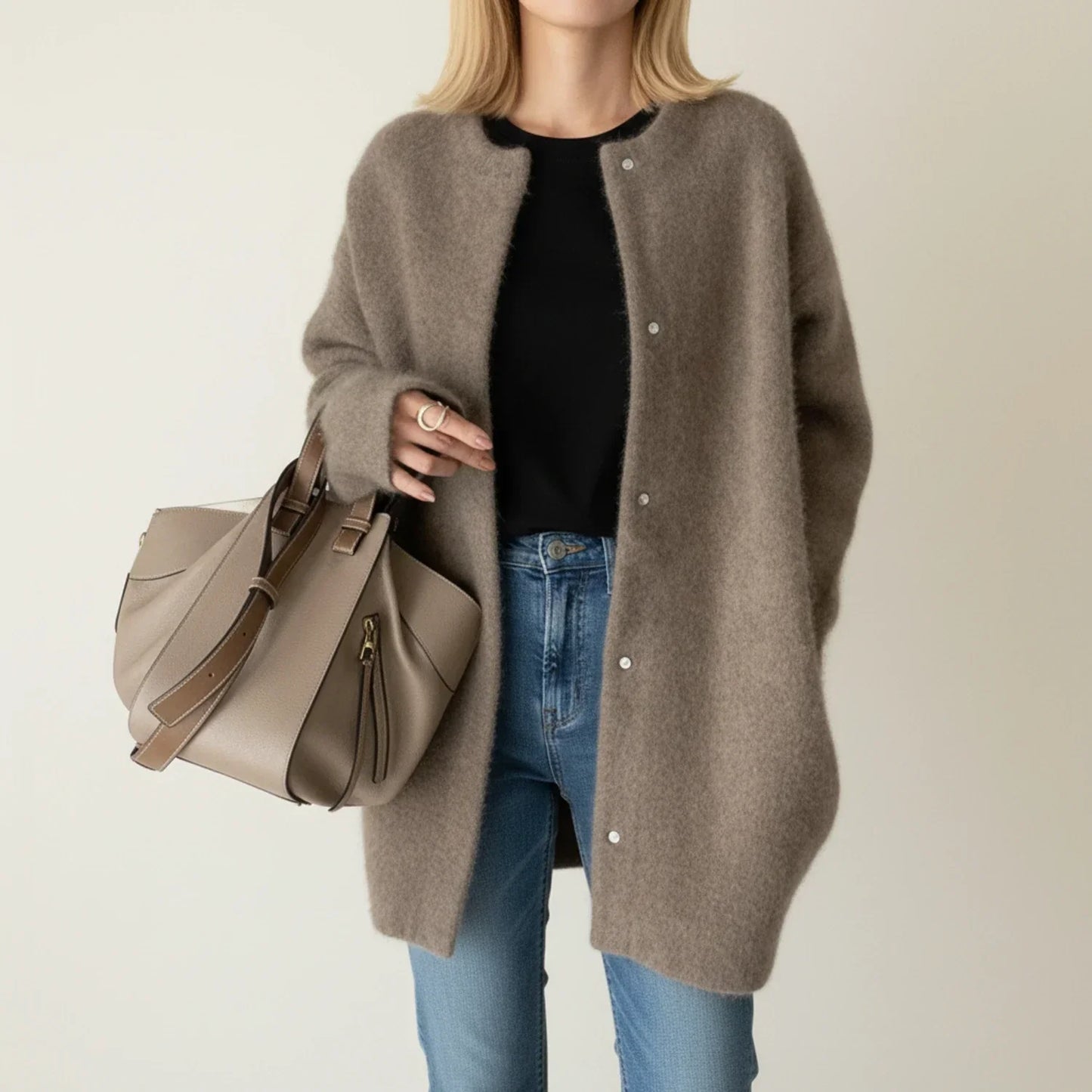 Women's longline open-front cardigan cozy relaxed-fit collarless layering piece for winter
