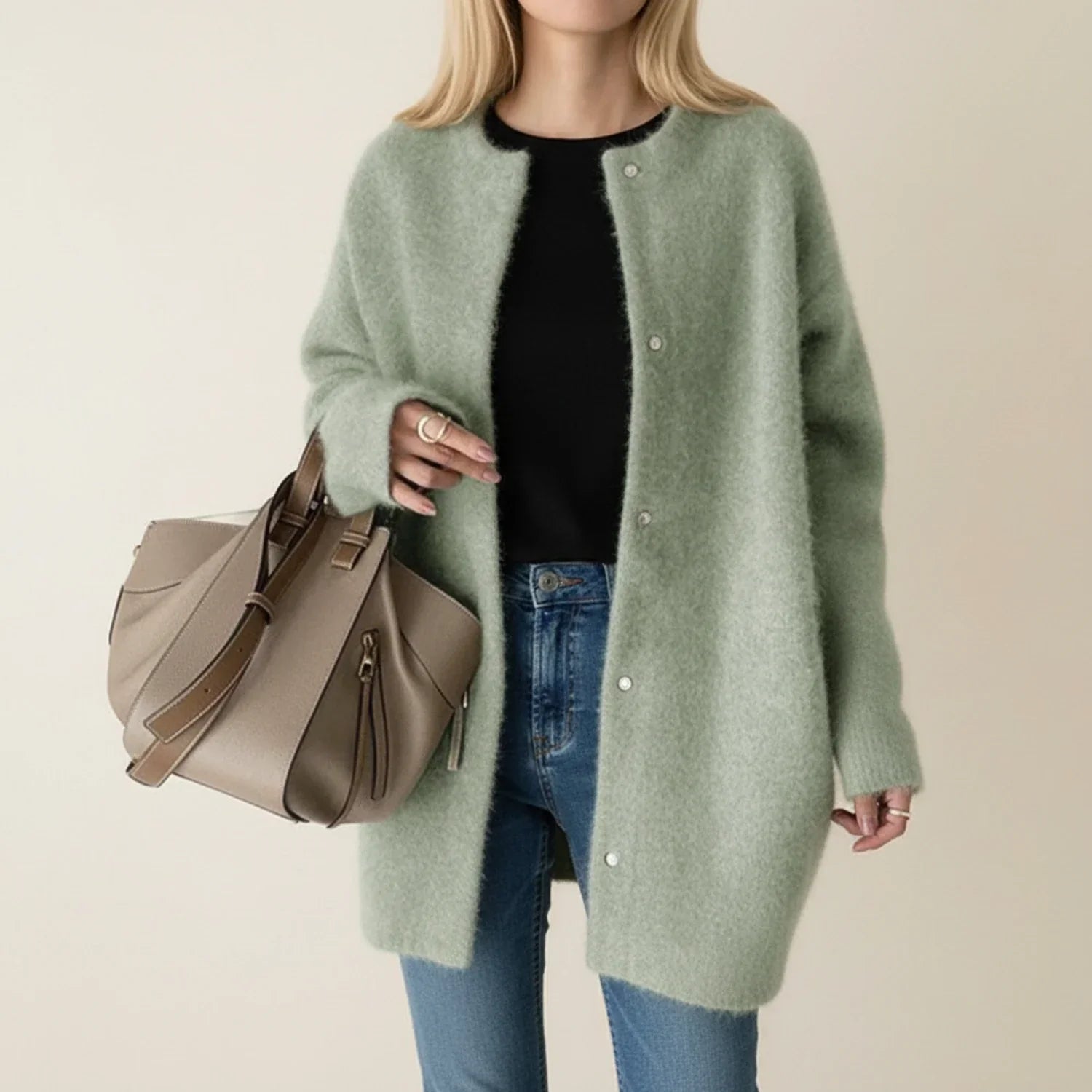 Women's longline open-front cardigan cozy knit collarless layering piece for winter everyday wear