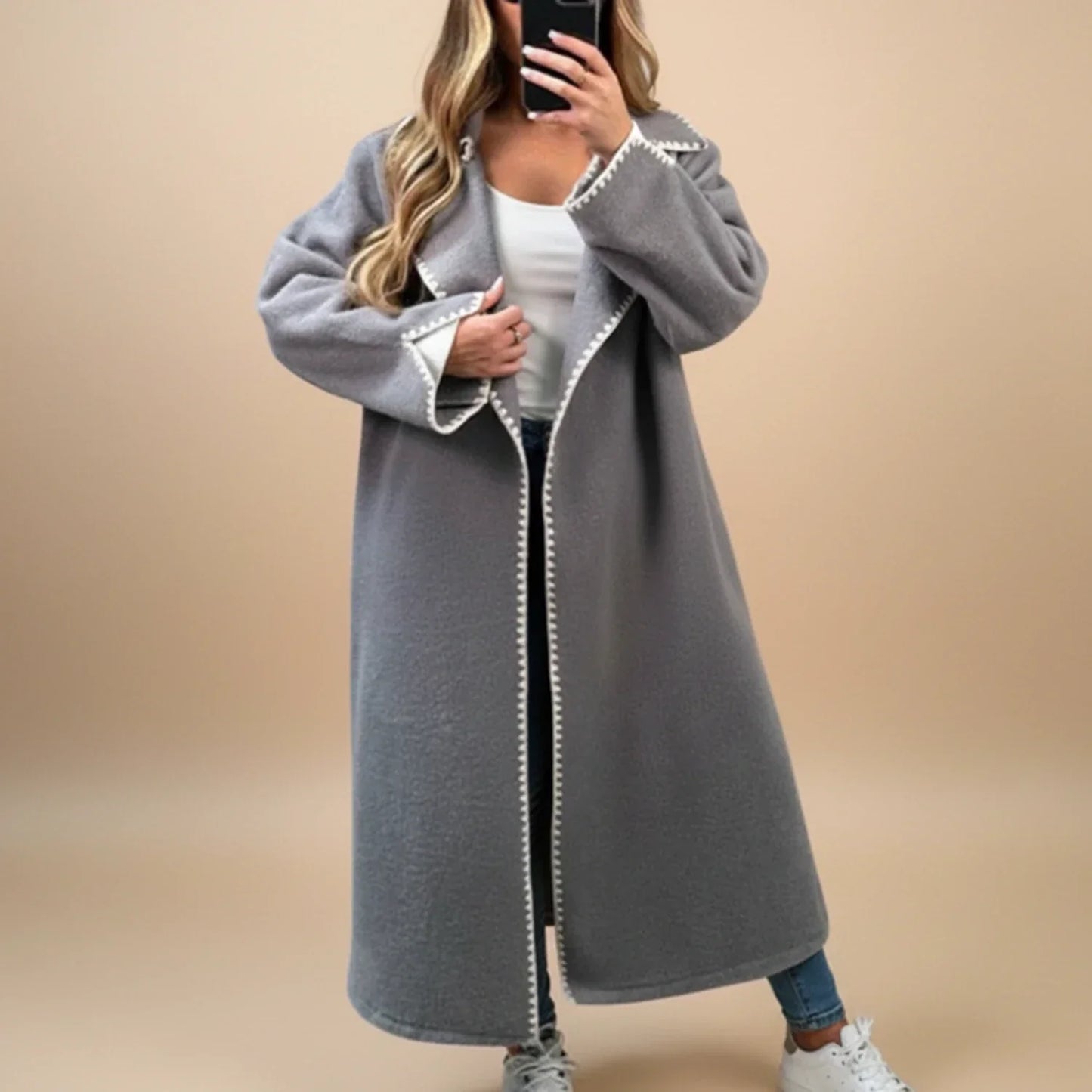Women's longline duster coat open front beige with contrast trim chic versatile layer