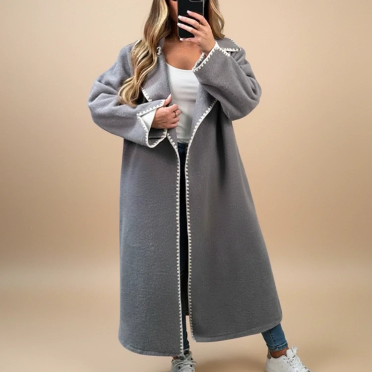 Women's longline duster coat open front beige with contrast trim chic versatile layer