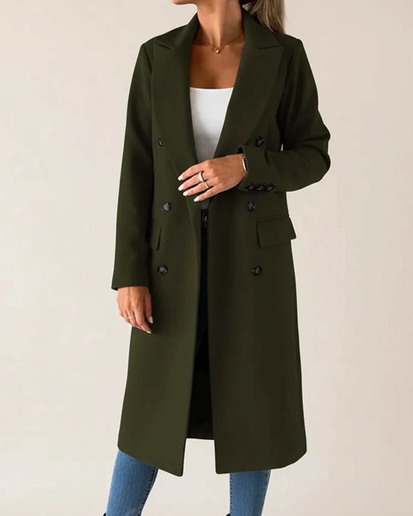 Women's classic long beige trench coat double-breasted notch lapels office-ready longline silhouette