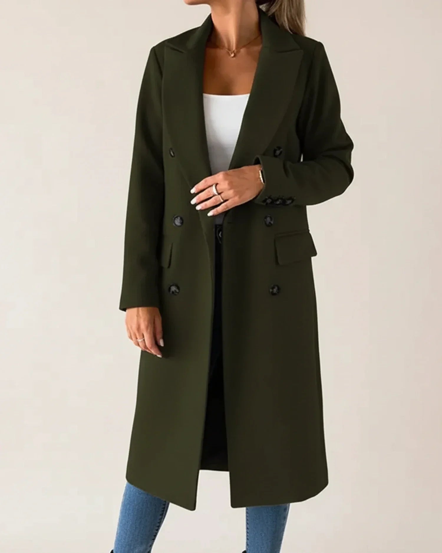 Women's classic long beige trench coat double-breasted notch lapels office-ready longline silhouette
