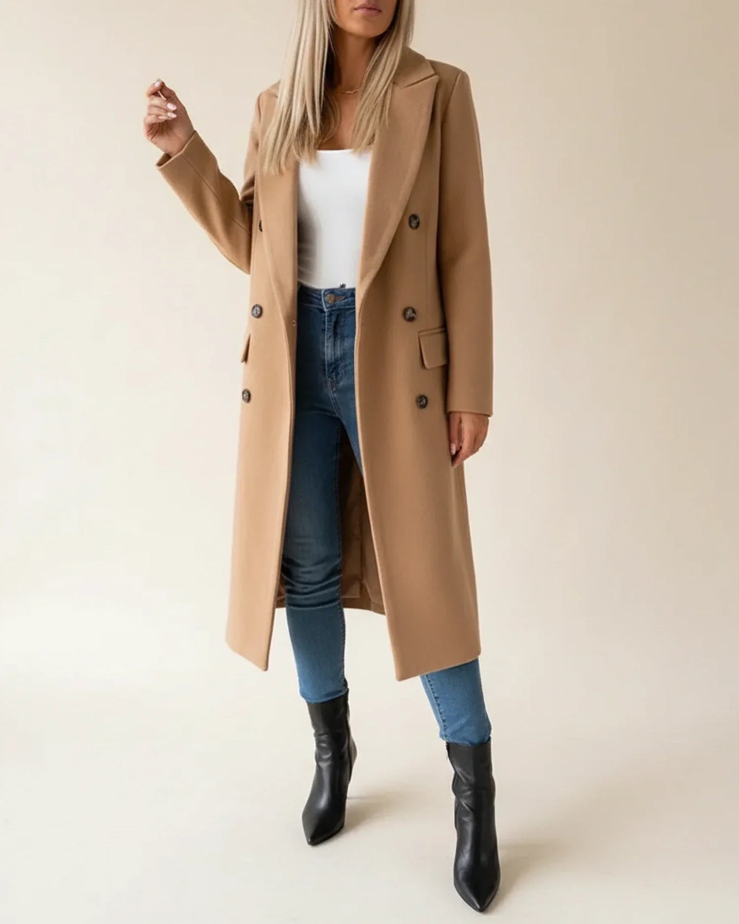 Women's classic long trench coat double-breasted notch lapels office-ready longline silhouette