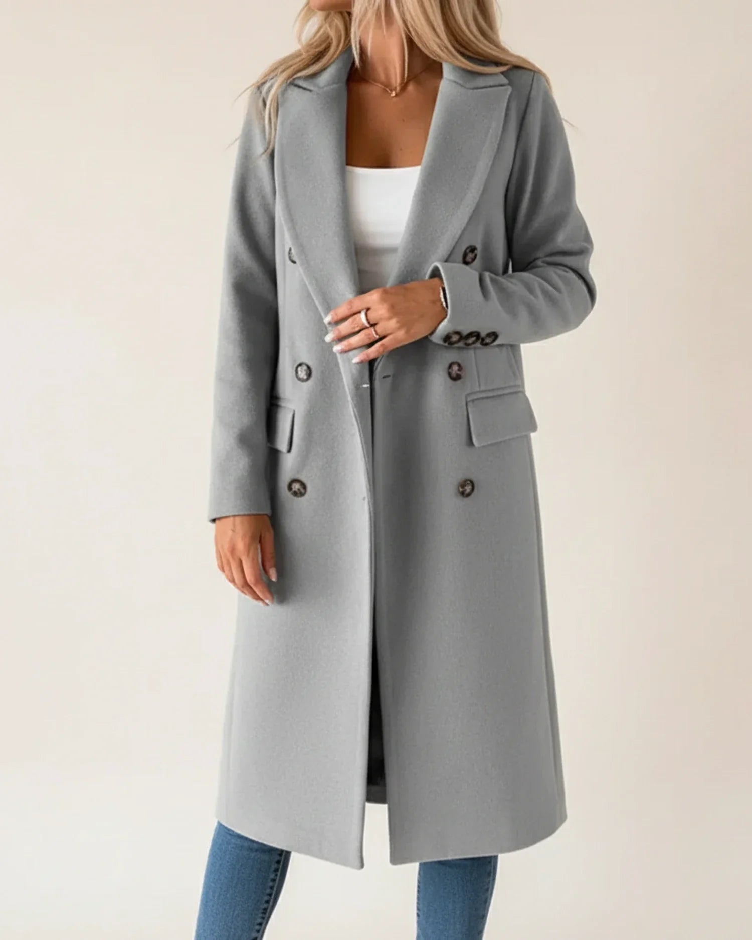 Women's classic long trench coat double-breasted notch lapels office-ready longline silhouette
