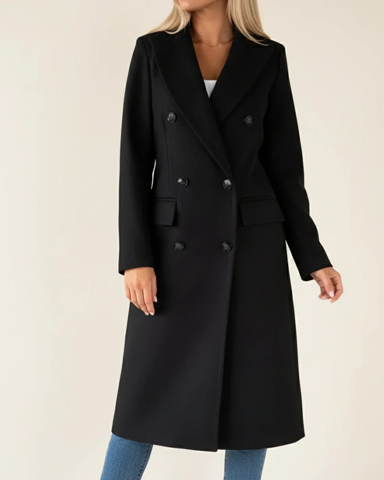 Women's classic long trench coat double-breasted notch lapels office-ready neutral longline silhouette