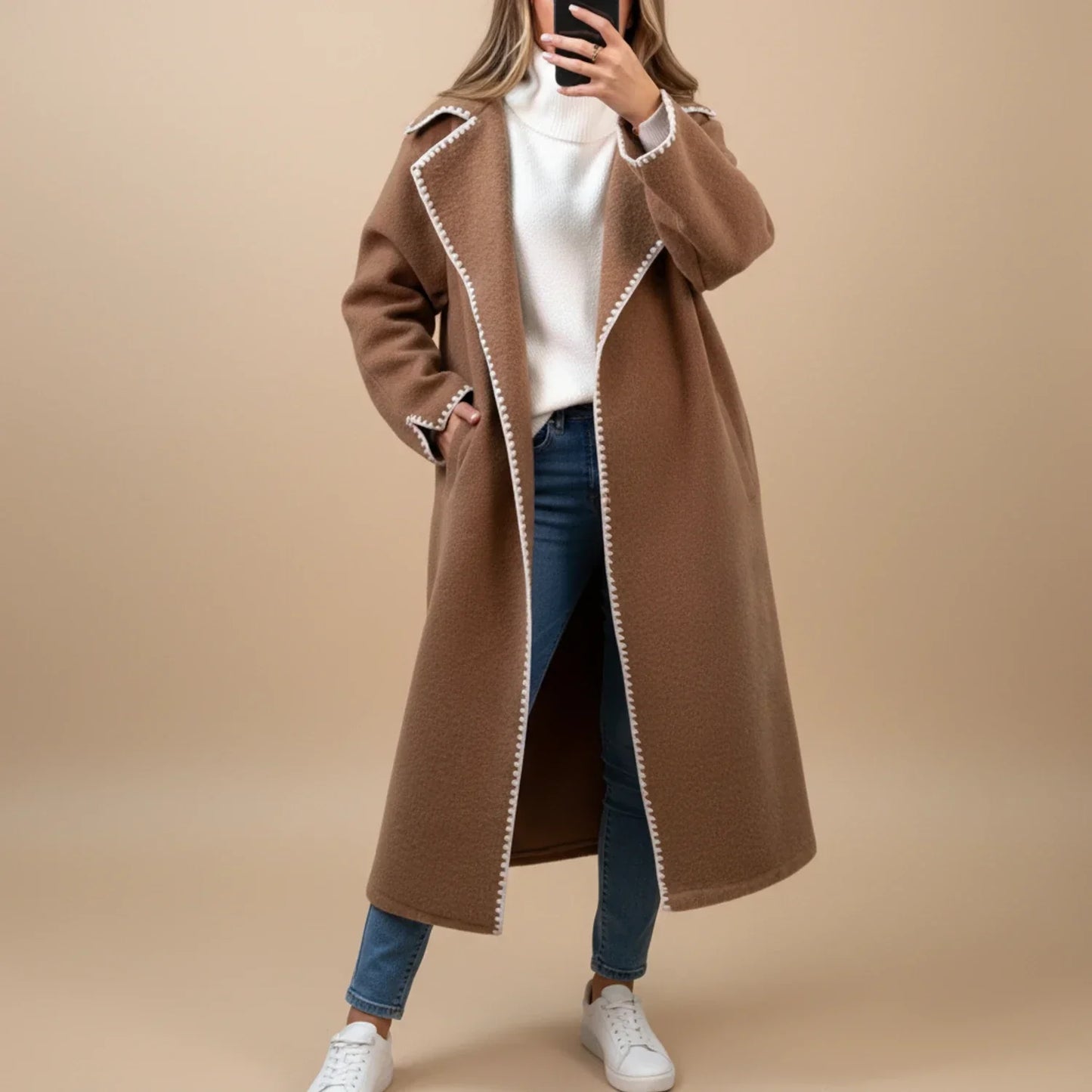 Women's longline open-front duster coat with contrast trim detail for chic versatile layering