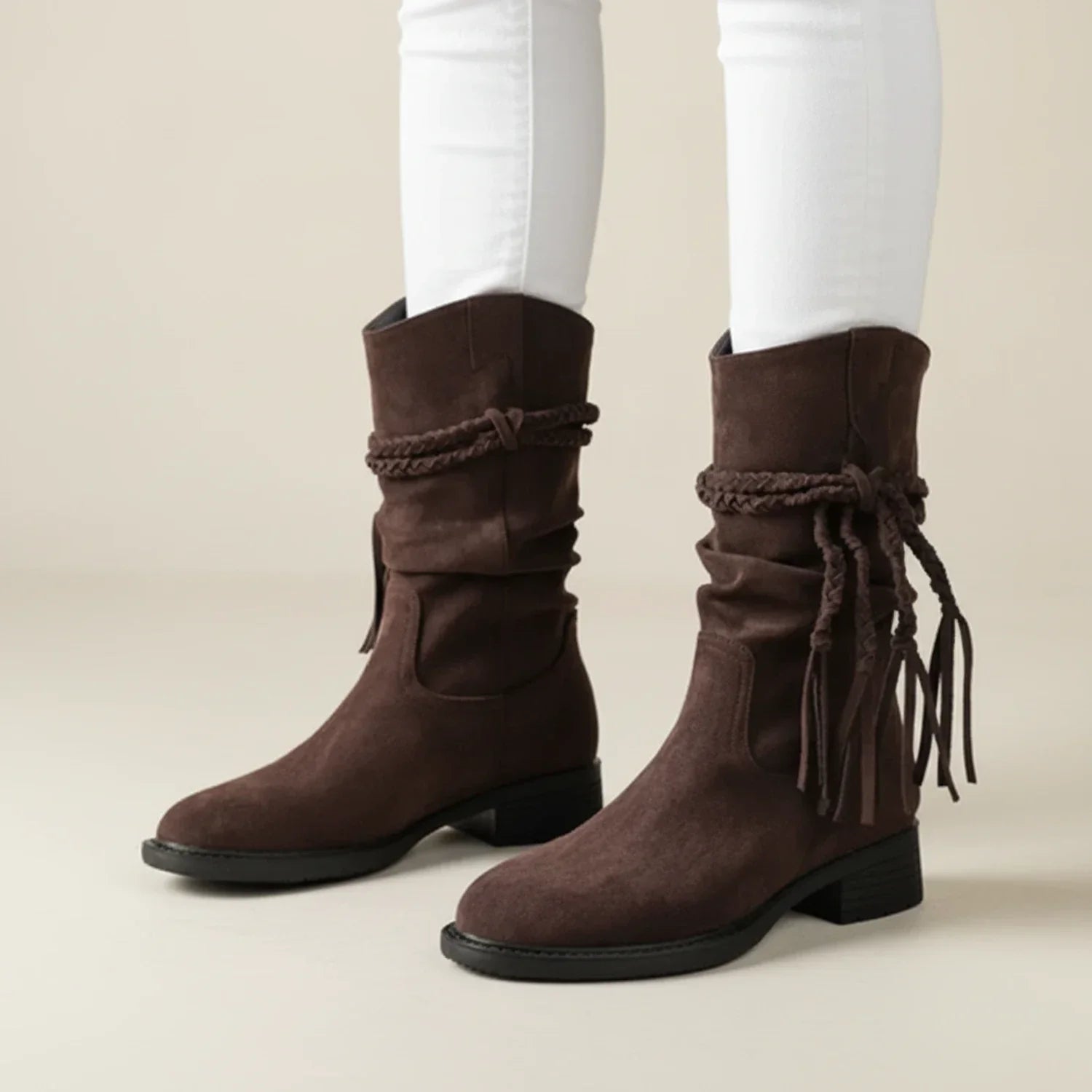 Women's suede slouch mid-calf boots boho chic Western-inspired style with soft textured finish