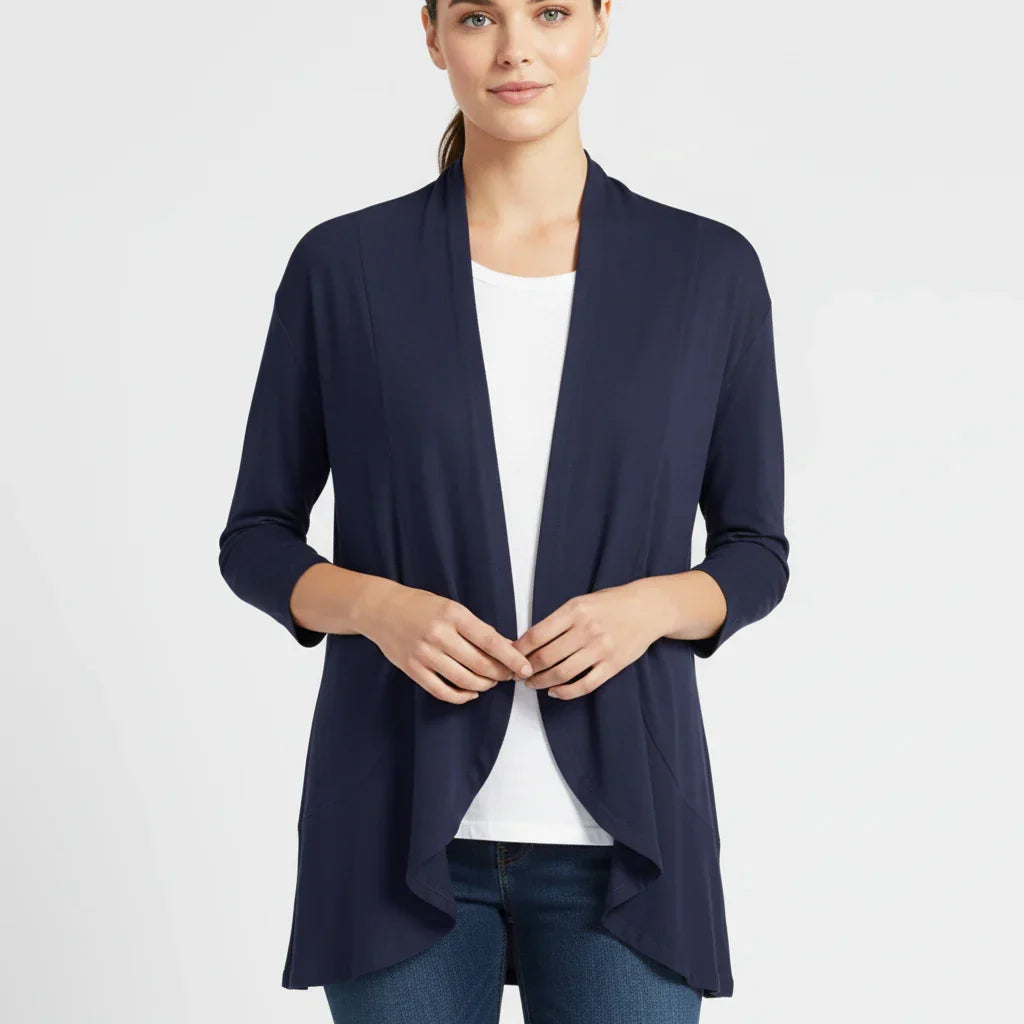 Women's lightweight open front draped cardigan in neutral tones, versatile layering essential for everyday looks