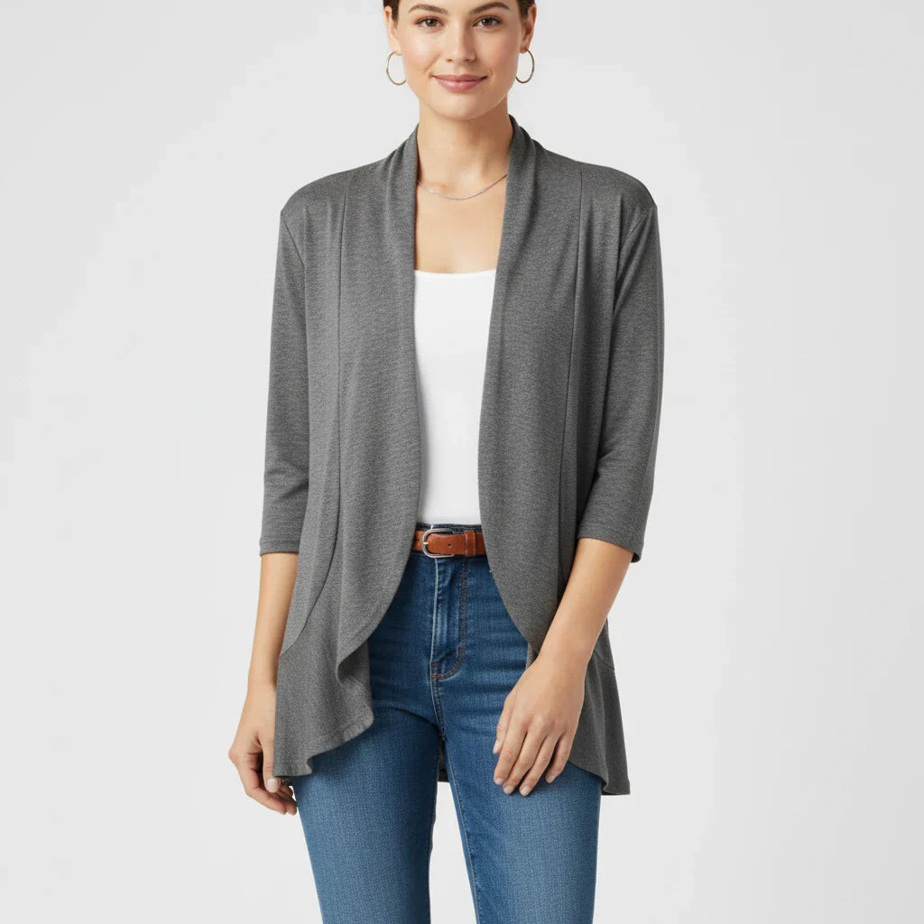 Women's lightweight open front draped cardigan in neutral tone, effortless layering essential for everyday style