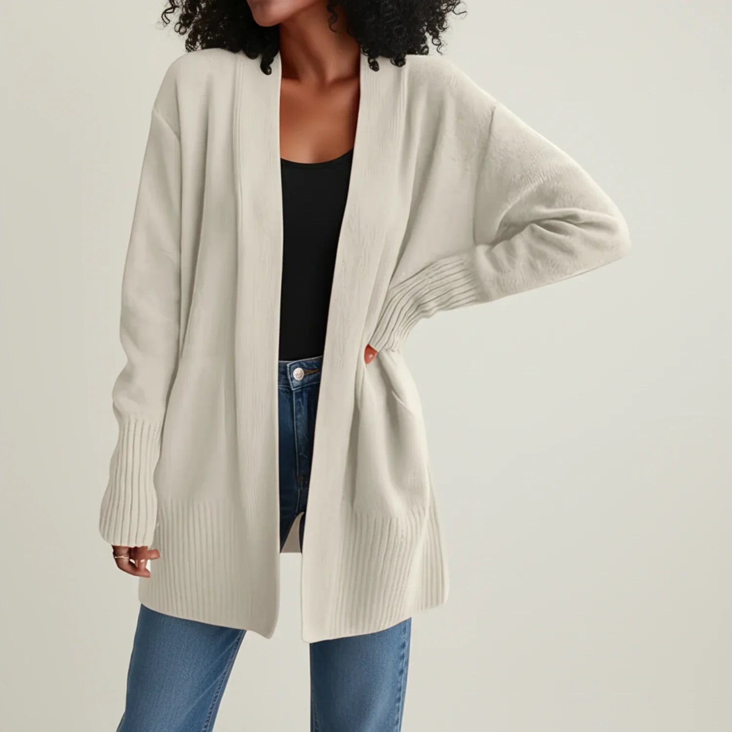 Women's mid-length open-front cardigan relaxed fit with ribbed knit trim for effortless everyday layering