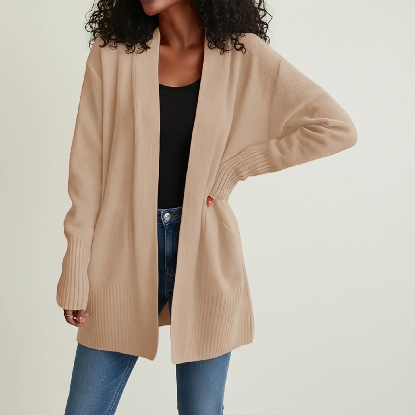 Women's mid-length open-front cardigan relaxed fit with ribbed knit trim for effortless everyday layering