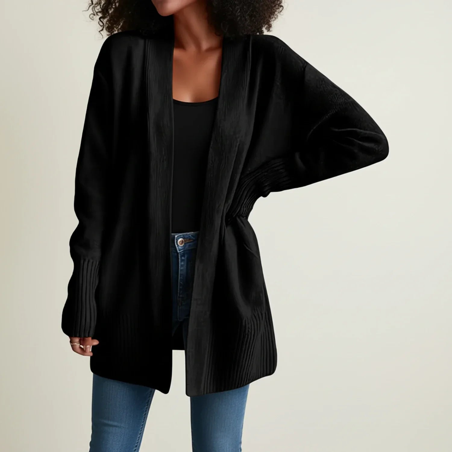 Women's mid-length open-front cardigan relaxed fit with ribbed knit trim, versatile everyday layering piece