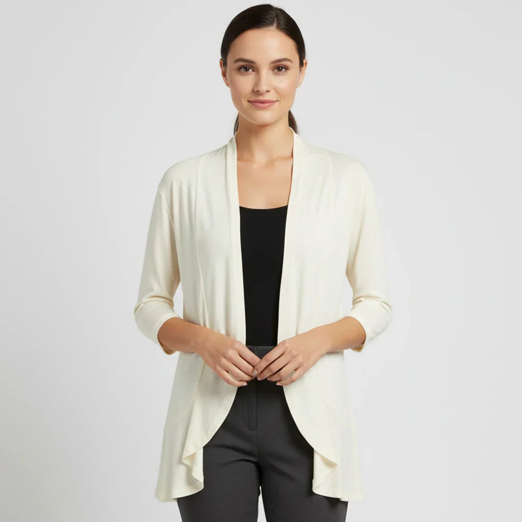 Women's lightweight open front draped cardigan in neutral tones, versatile layering essential for everyday looks