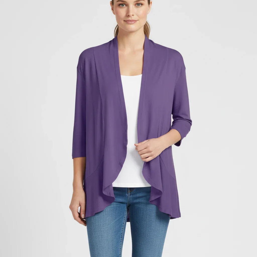 Women's lightweight open front draped cardigan in neutral tones, effortless layering essential for everyday style