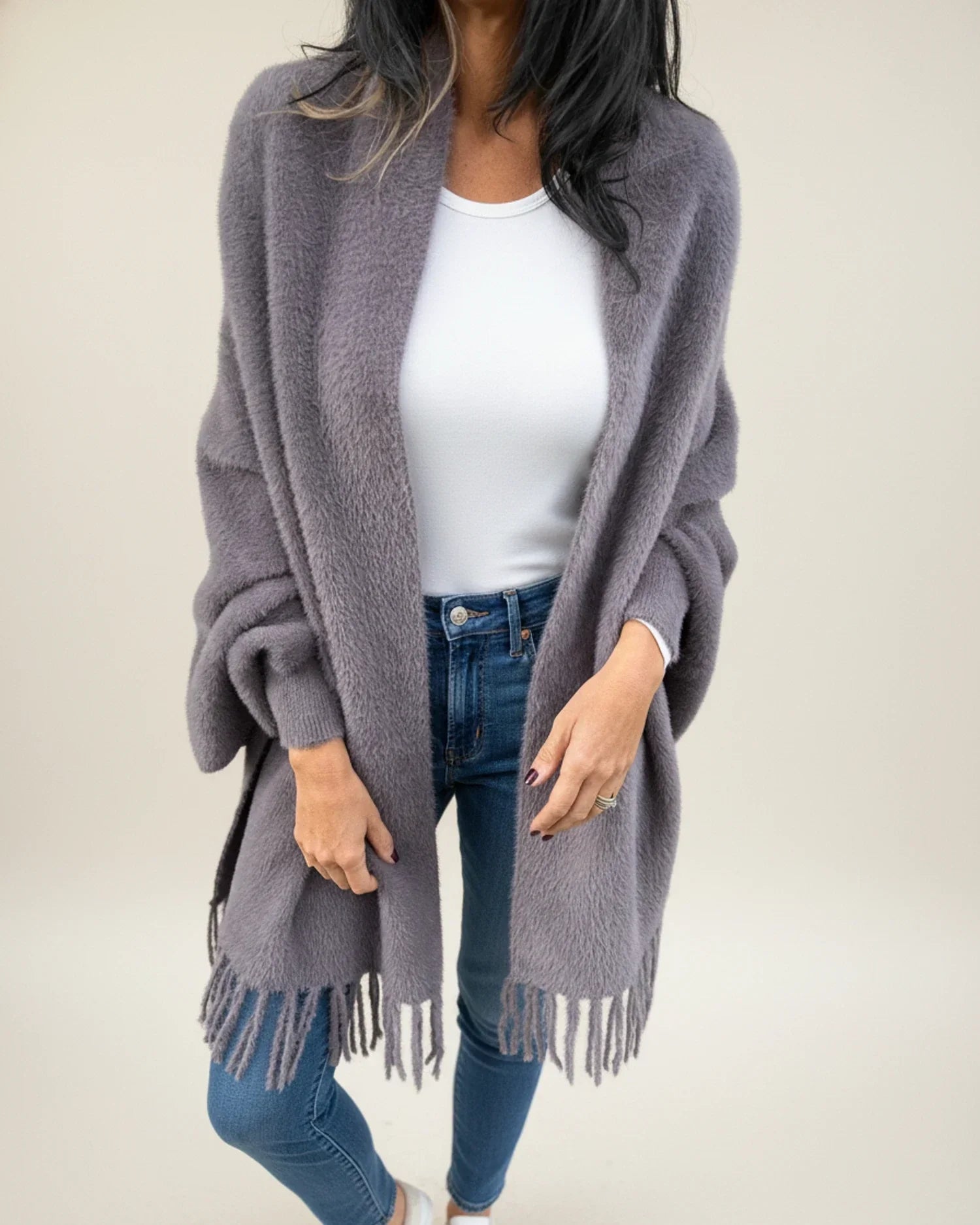 Women open-front winter cardigan draped silhouette relaxed fit with fringe trim shawl collar