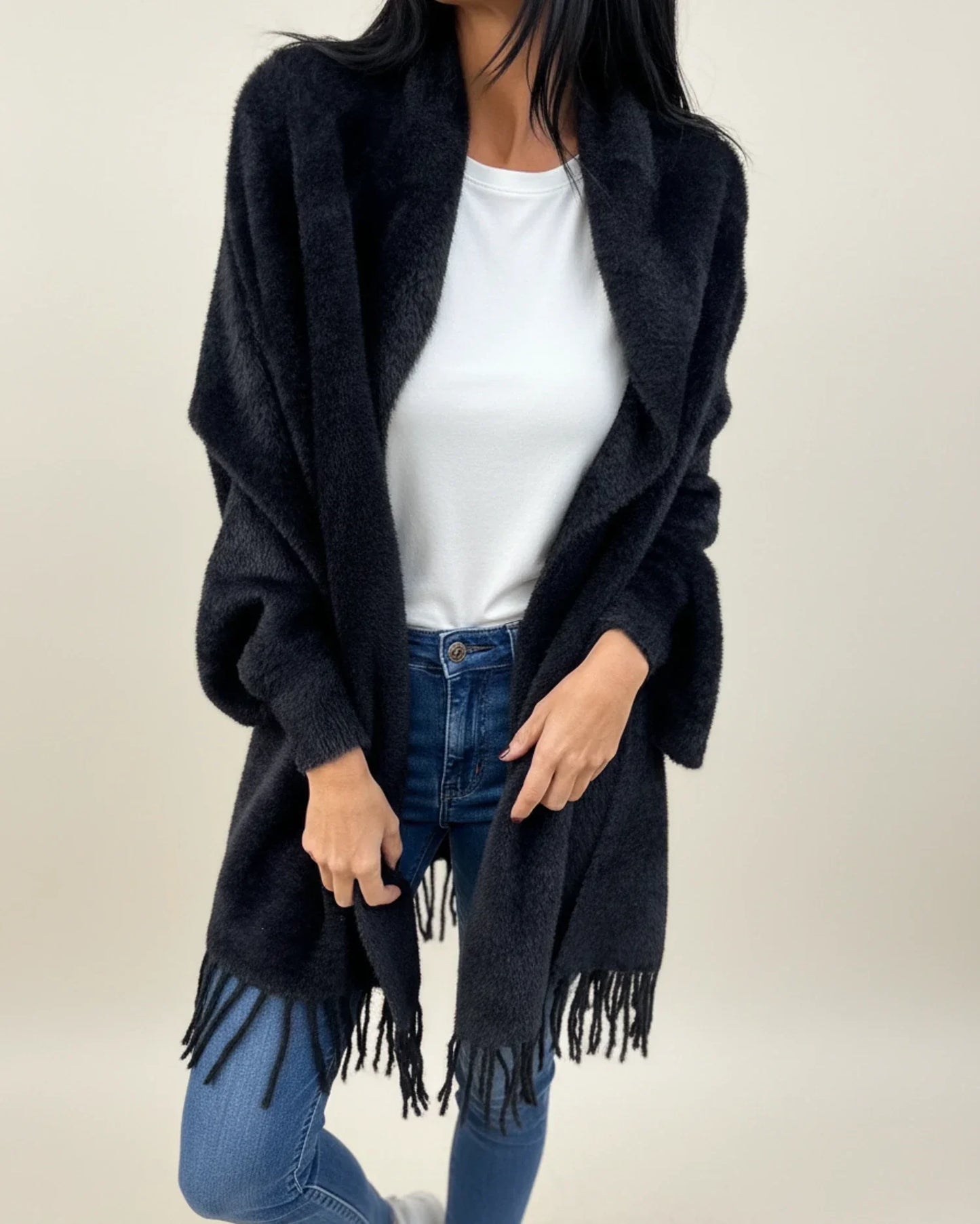 Women's open-front winter cardigan draped silhouette relaxed fit shawl collar with fringe trim