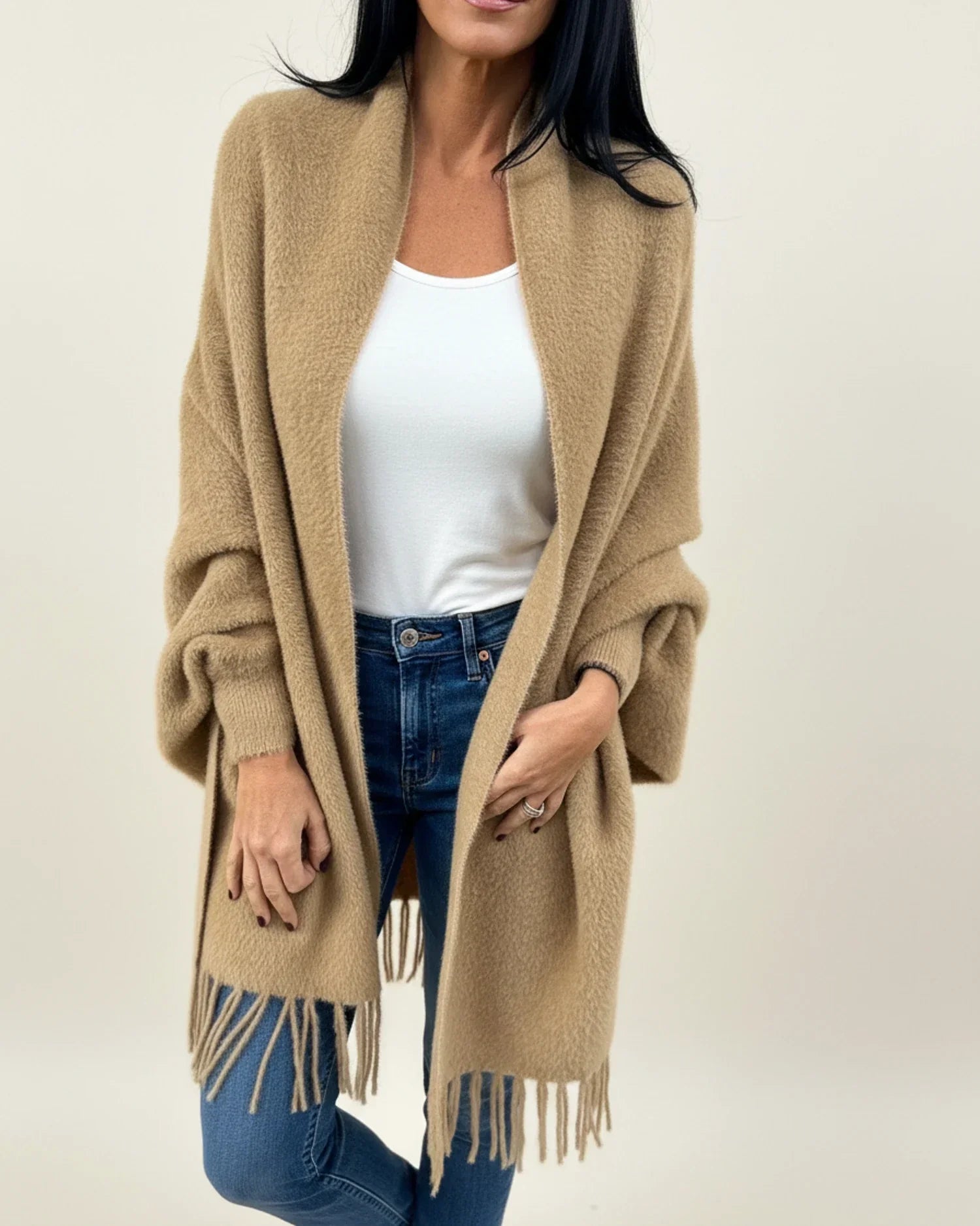 Women's open-front winter cardigan relaxed fit draped silhouette shawl collar with fringe trim