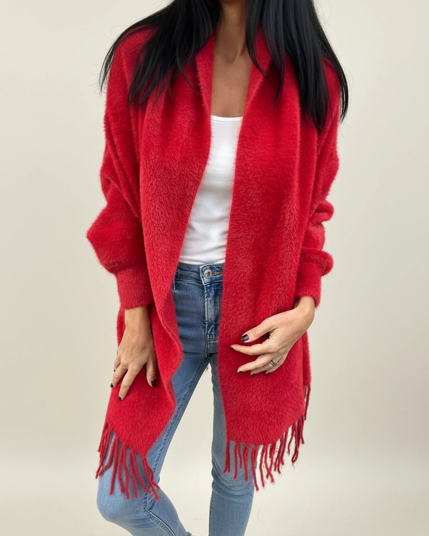 Women open front winter cardigan drape silhouette relaxed fit shawl collar with fringe trim detail