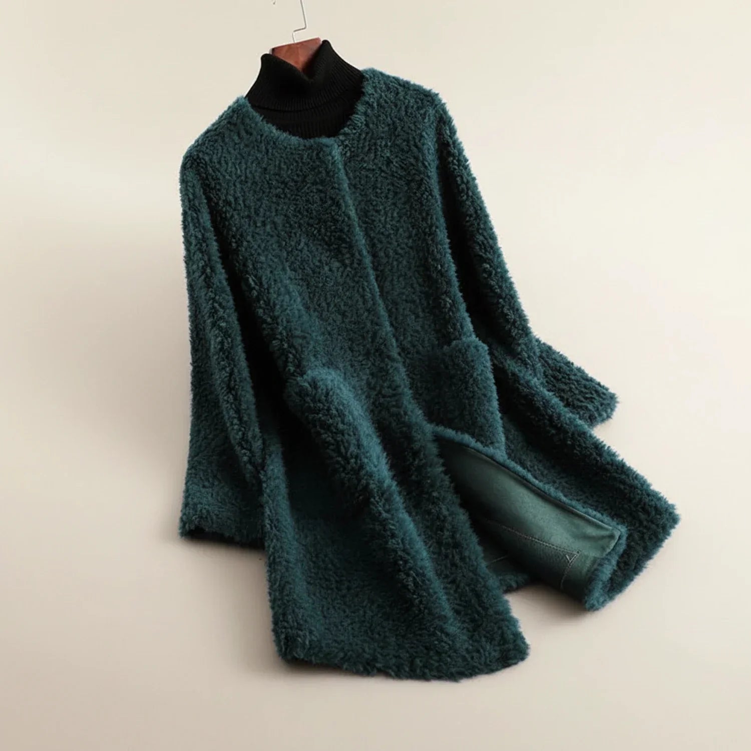 Women's camel teddy coat open-front collarless long silhouette cozy fleece layering piece