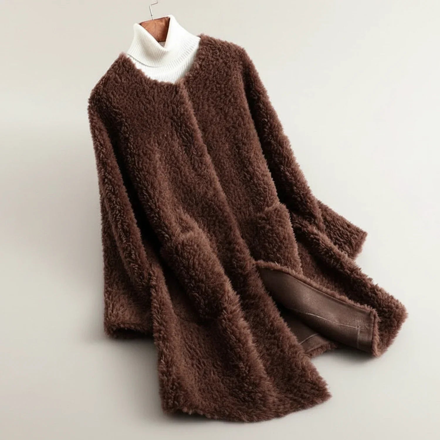 Women's beige long open-front teddy coat collarless cozy winter layering style