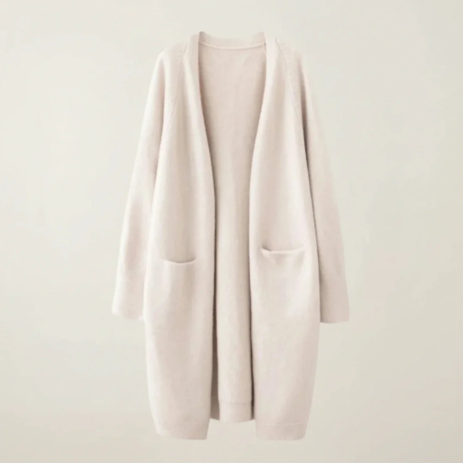 Women's longline open-front winter cardigan with pockets, knee-length drapey silhouette for versatile layering