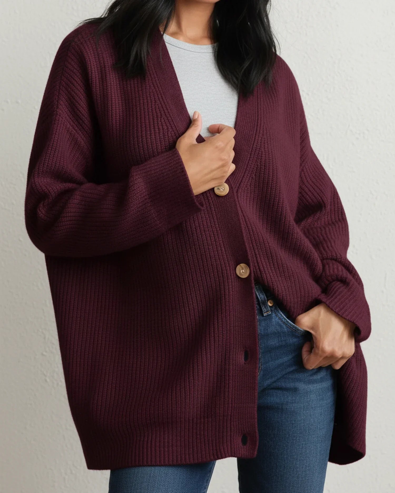 Women's oversized relaxed fit winter cardigan with button-front closure, cozy knit layering piece