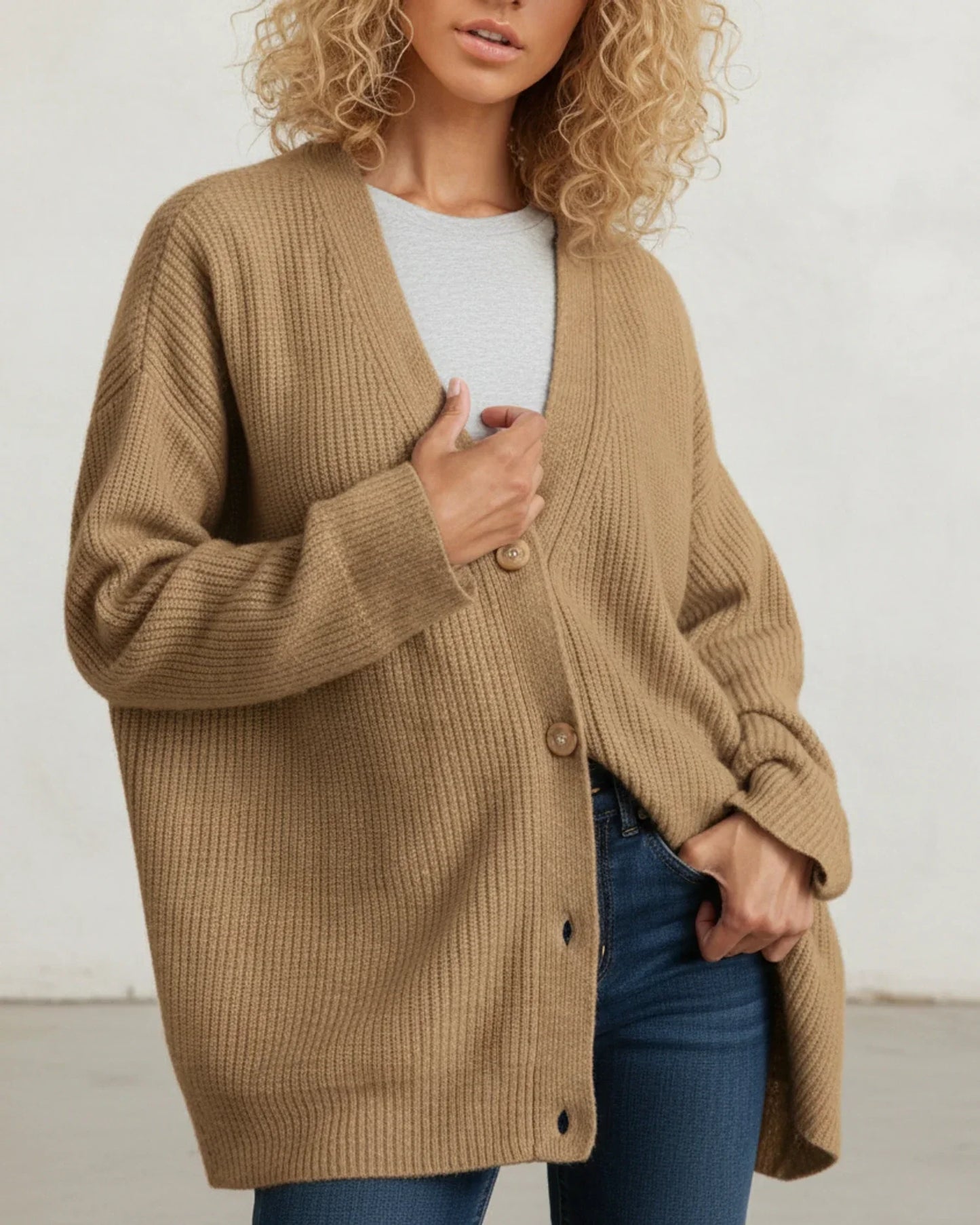 Women's oversized relaxed fit winter cardigan with button-front, cozy knit layering piece for work and weekend