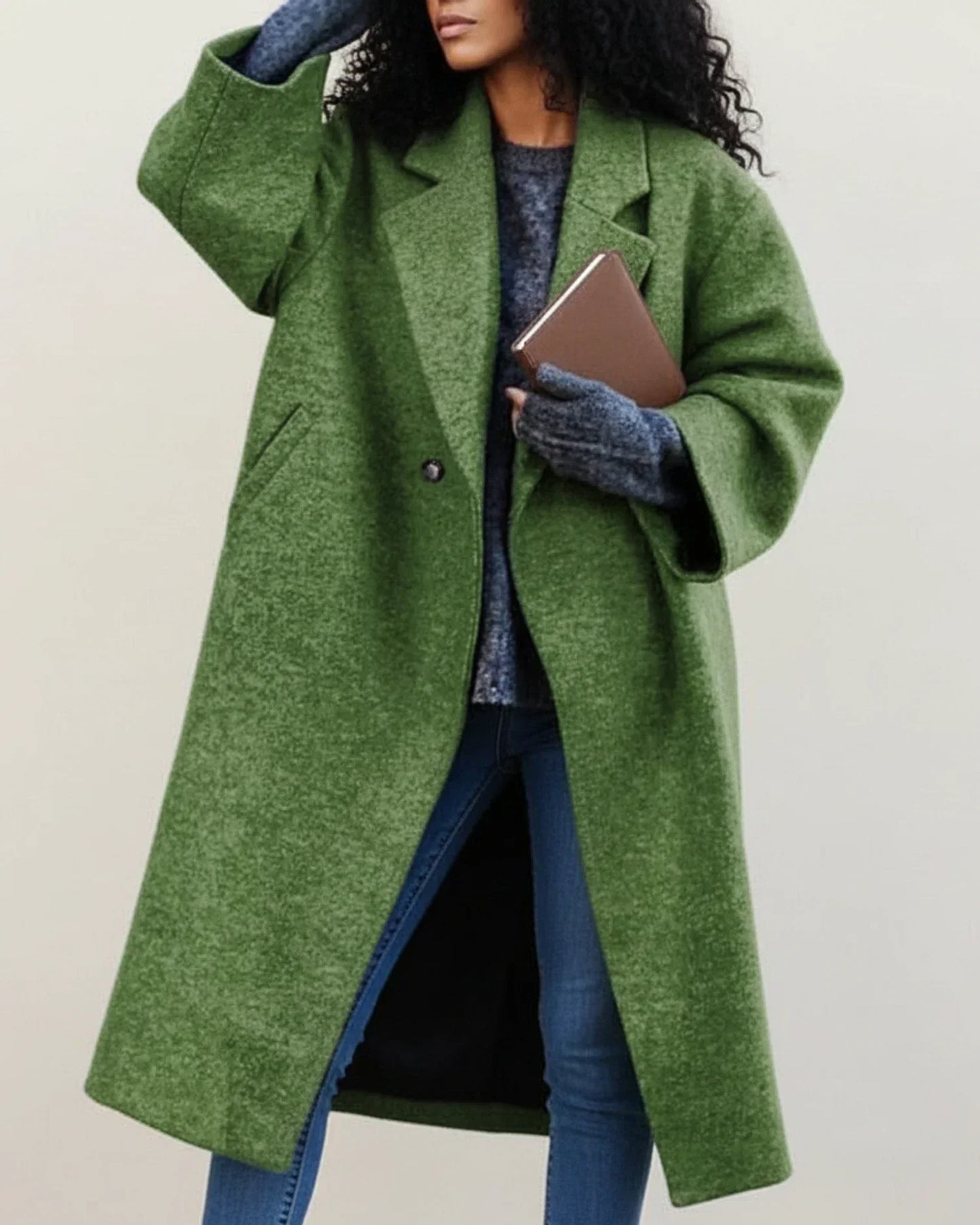 Women's long wool winter coat colorful bold hues warm cozy layering full-coverage silhouette