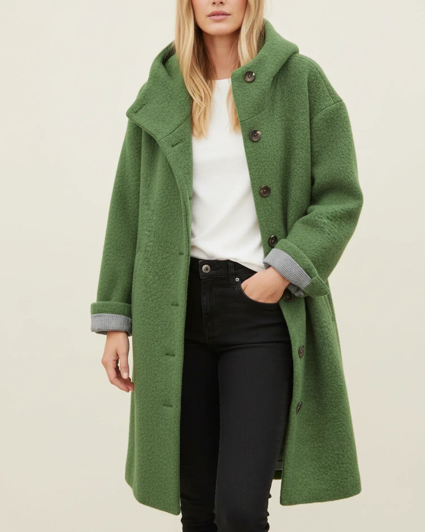 Women's oversized hooded long winter coat with button front closure in classic cold-weather style
