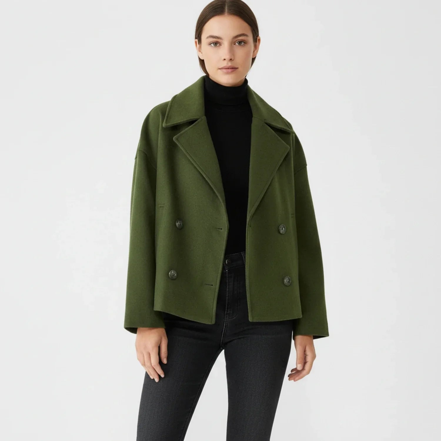 Women's cropped oversized trench peacoat in neutral tone, double-breasted city-smart silhouette
