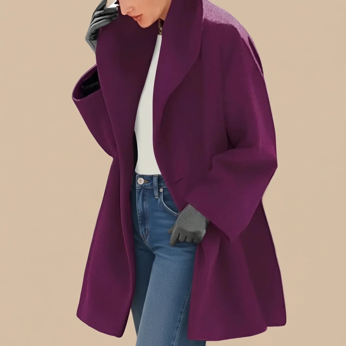 Women's oversized mid-length winter coat swing silhouette wide collar effortless chic style