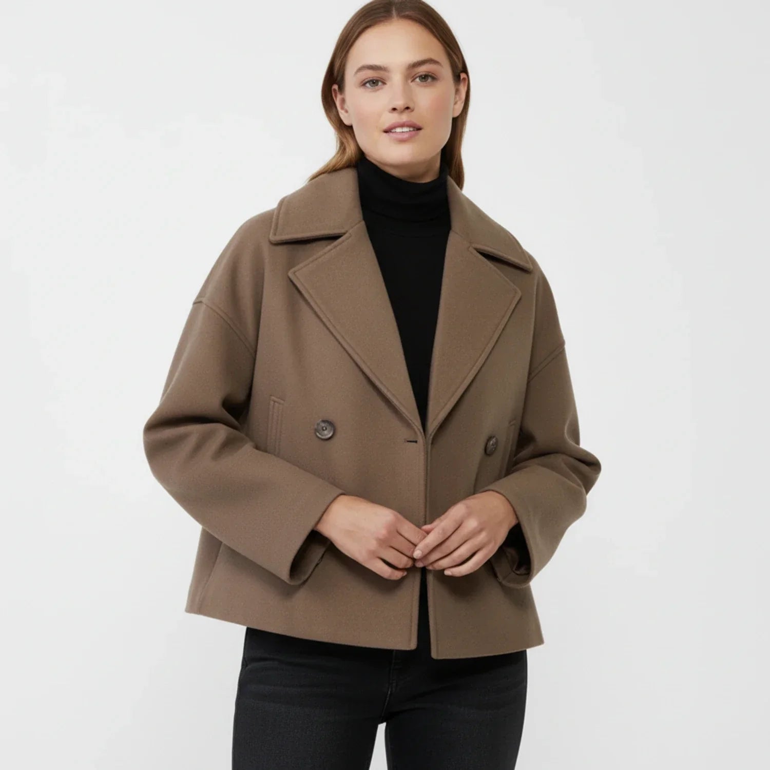 Women's cropped oversized trench peacoat in neutral tone, double-breasted city-smart layering coat