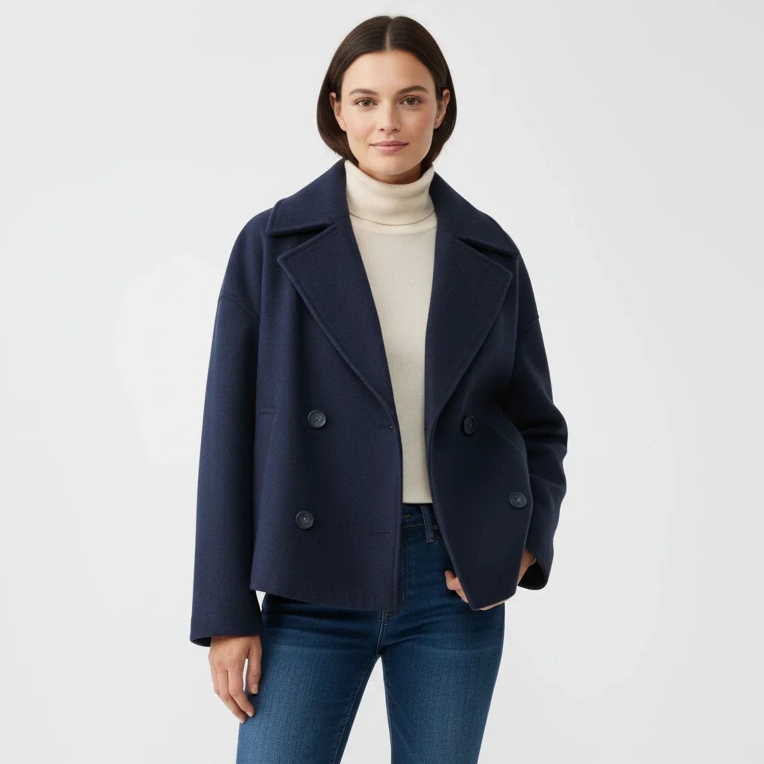 Women's cropped oversized trench peacoat in neutral tone, double-breasted city-smart layering style