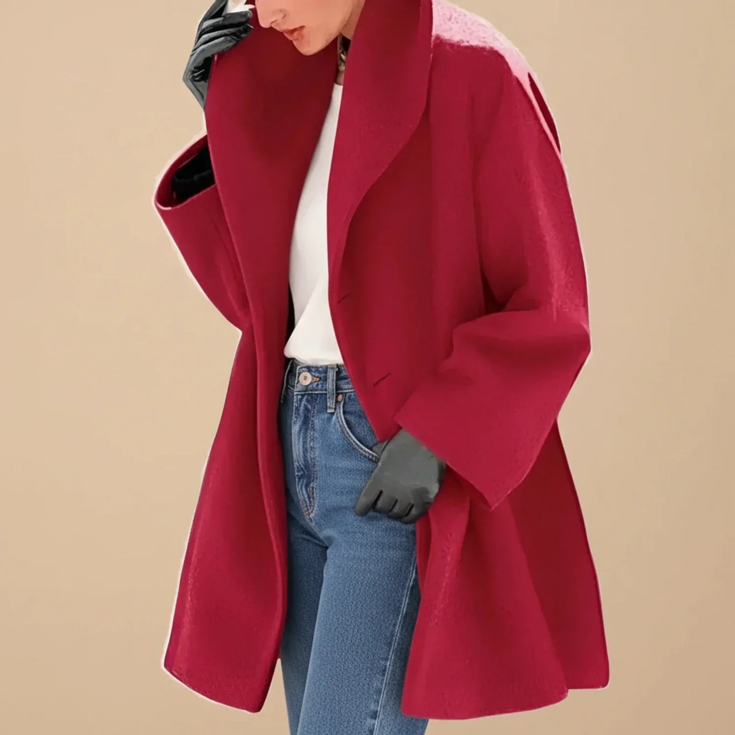 Women's oversized mid-length winter coat swing silhouette wide collar effortless chic style