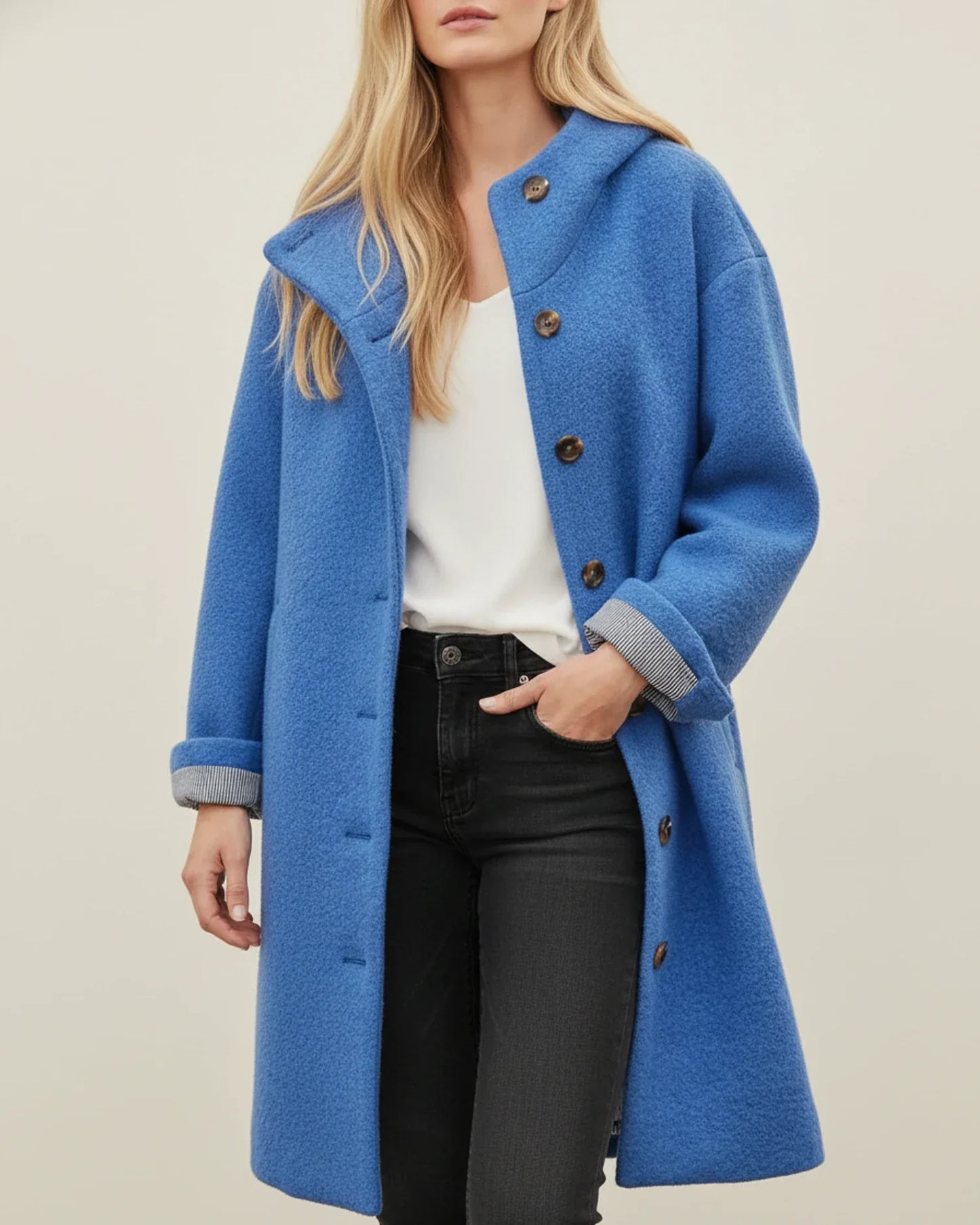 Women's oversized hooded long winter coat with button front closure in classic solid color