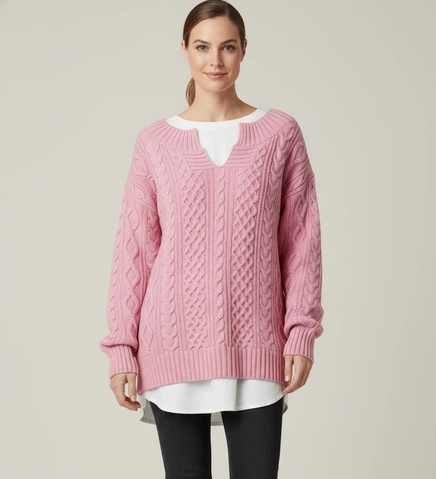 Women's oversized cable knit V-neck sweater cozy relaxed fit layering essential with textured pattern