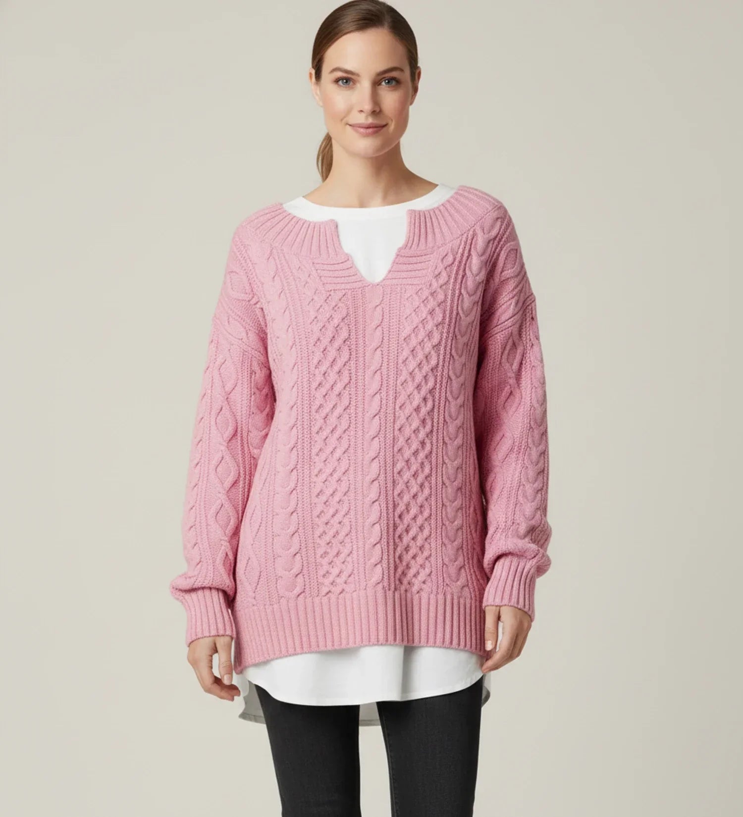 Women's oversized cable knit V-neck sweater cozy relaxed fit layering essential with textured pattern