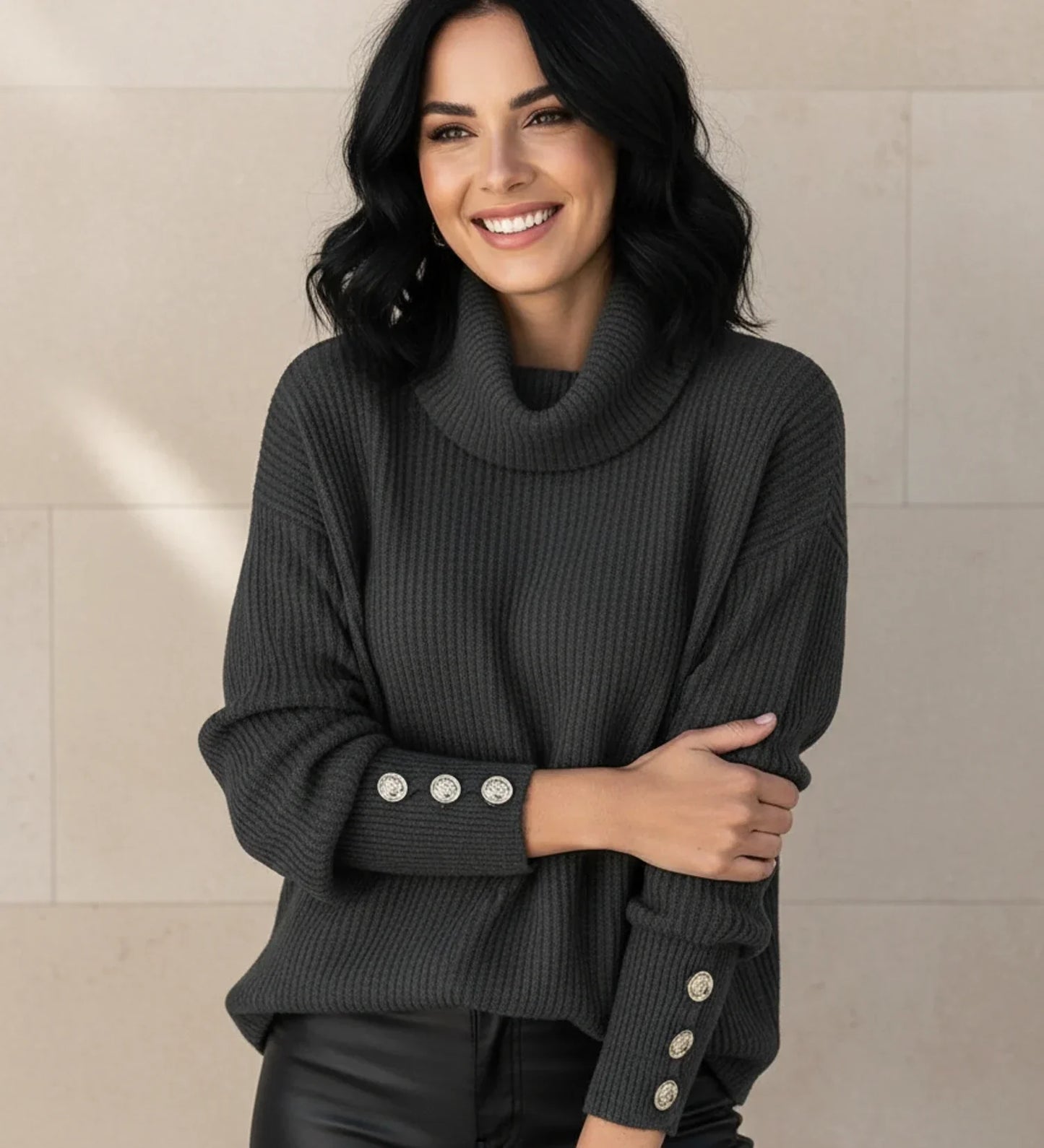 Women's oversized cowl neck sweater in neutral tone, relaxed fit with draped neckline for cozy layering