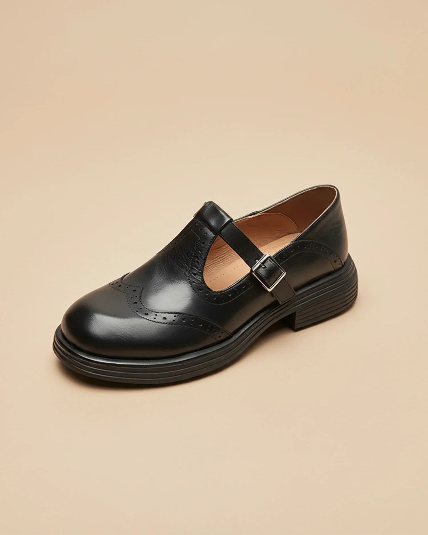 Women's black leather Mary Jane T-strap shoes with premium smooth finish for style-conscious wear