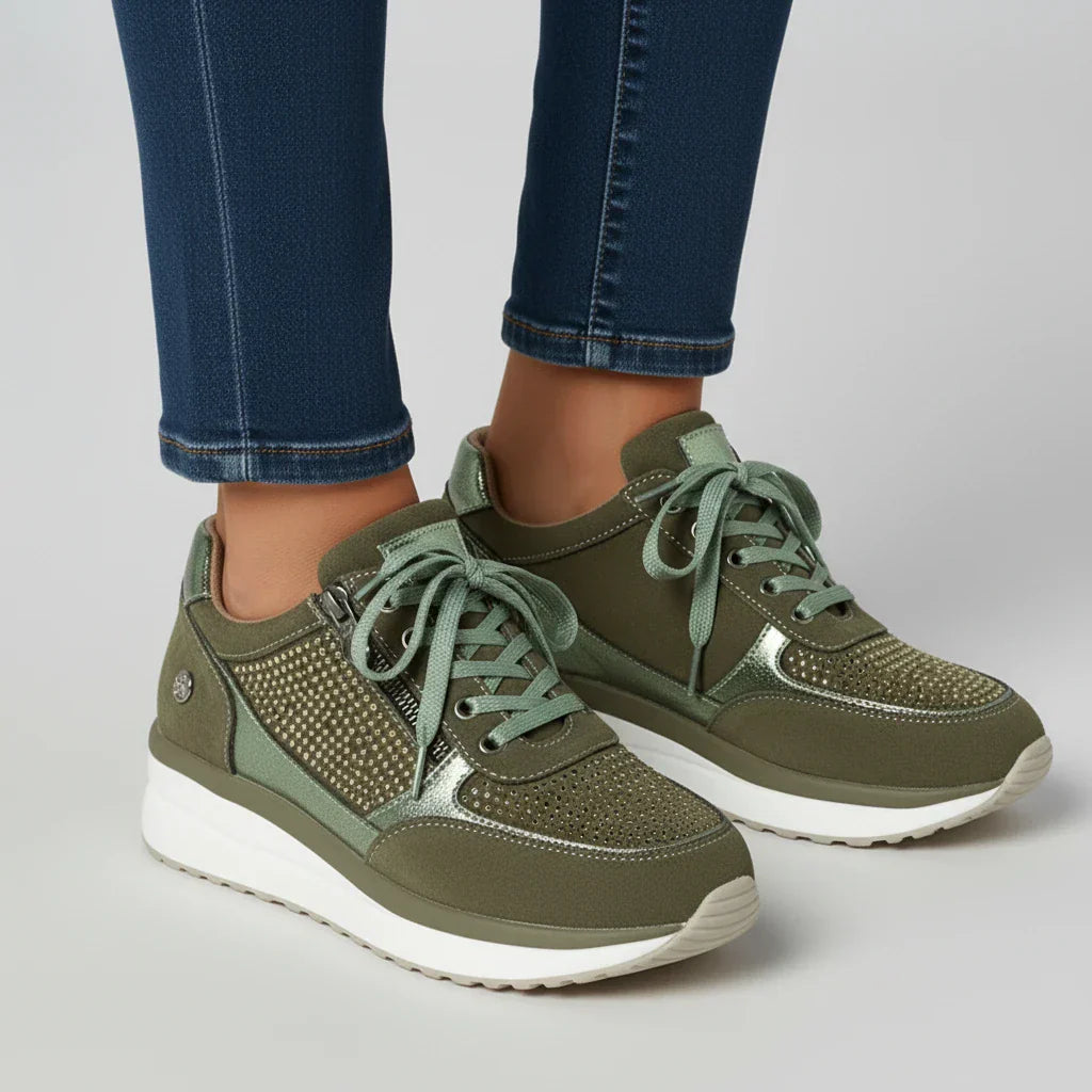 Women's white platform sneakers with side zip closure, chunky sole, street-style casual everyday comfort