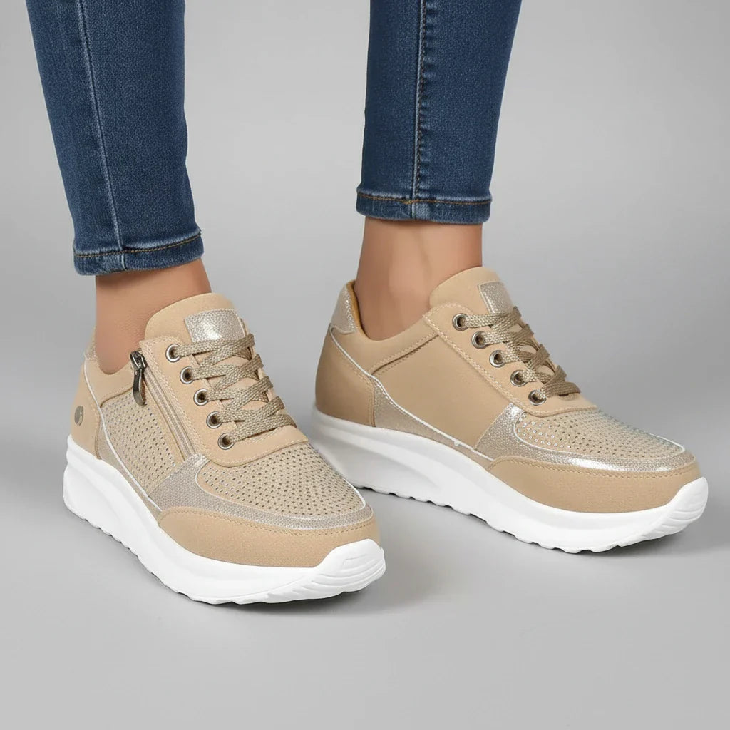 Women's white platform sneakers with side zip closure, chunky sole, street-style casual everyday comfort