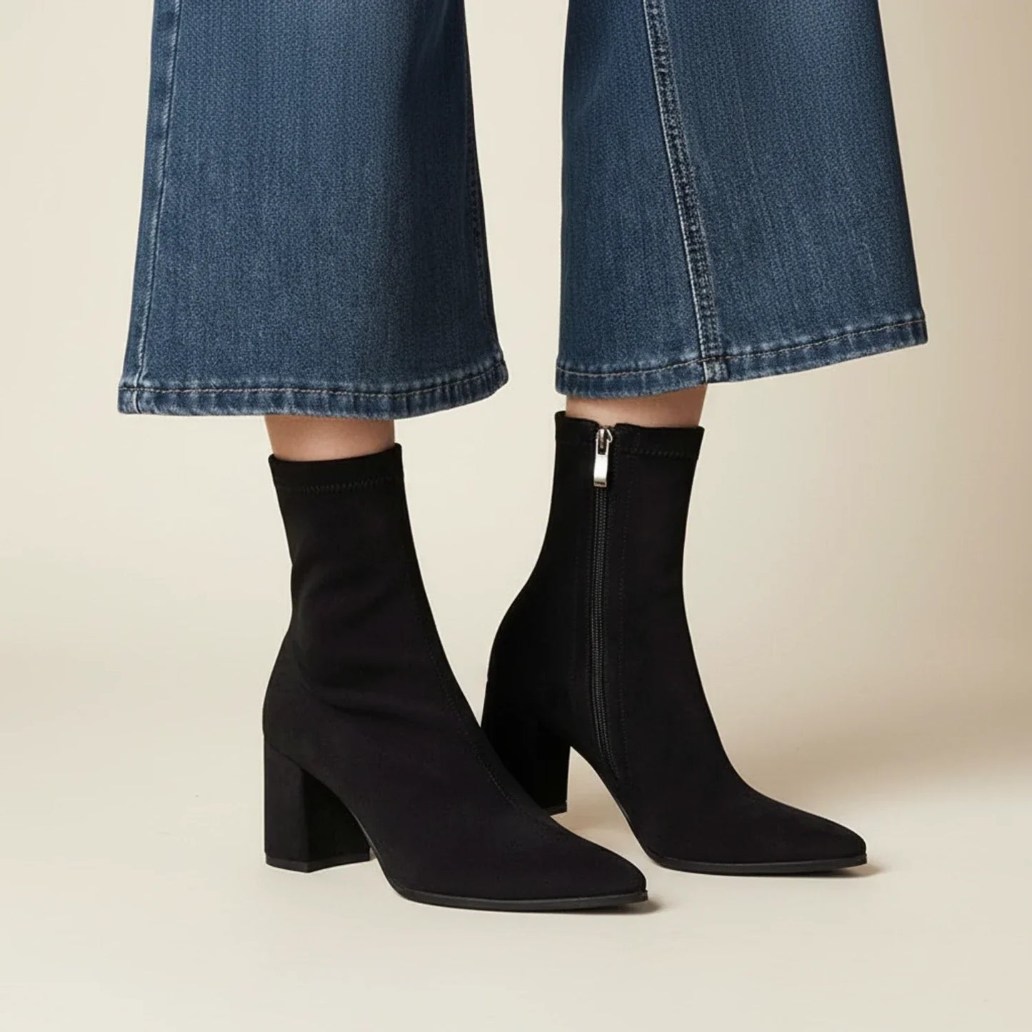 Women's suede ankle boots pointed toe block heel sock-boot fit polished everyday style
