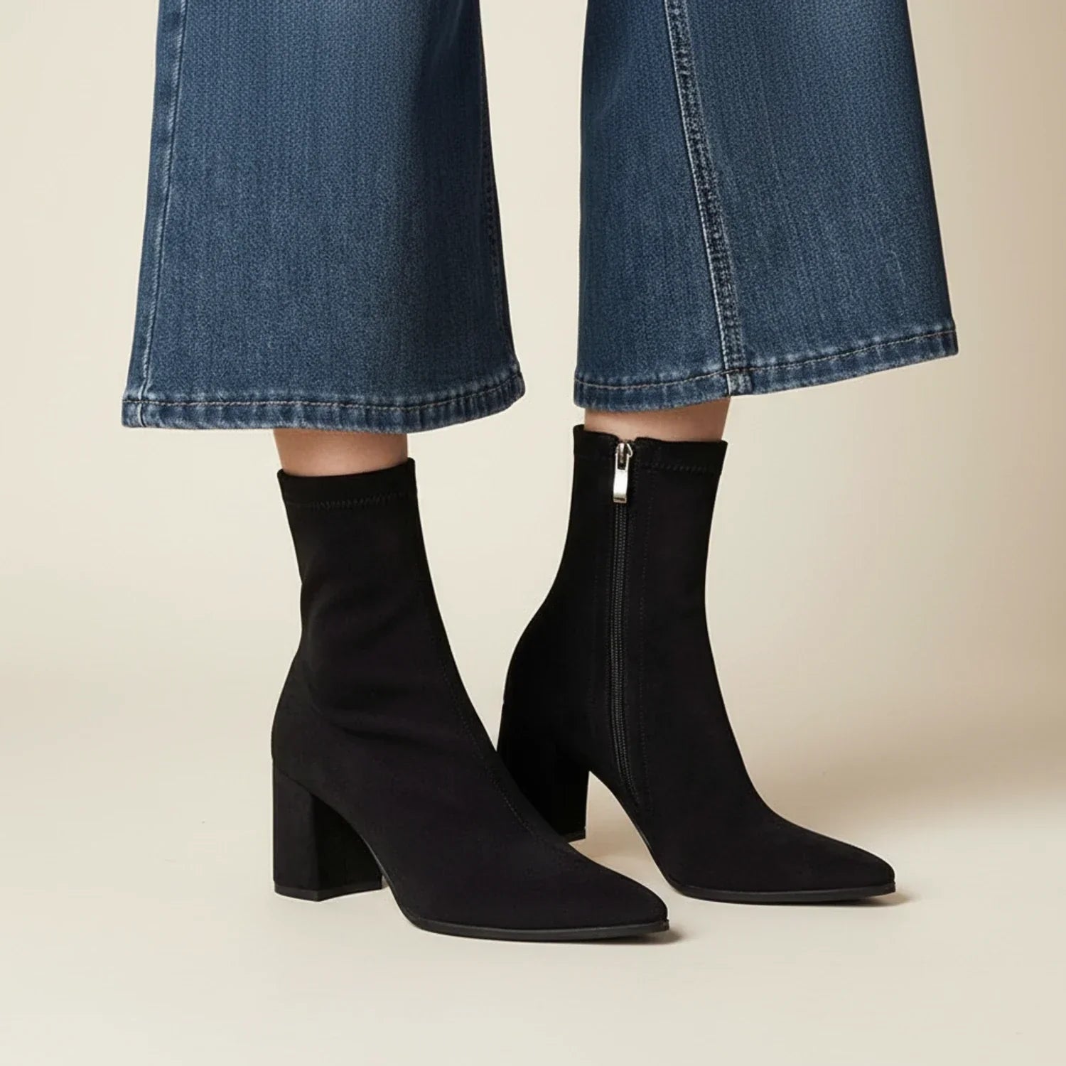 Women's suede ankle boots pointed toe block heel sock-boot fit polished everyday style