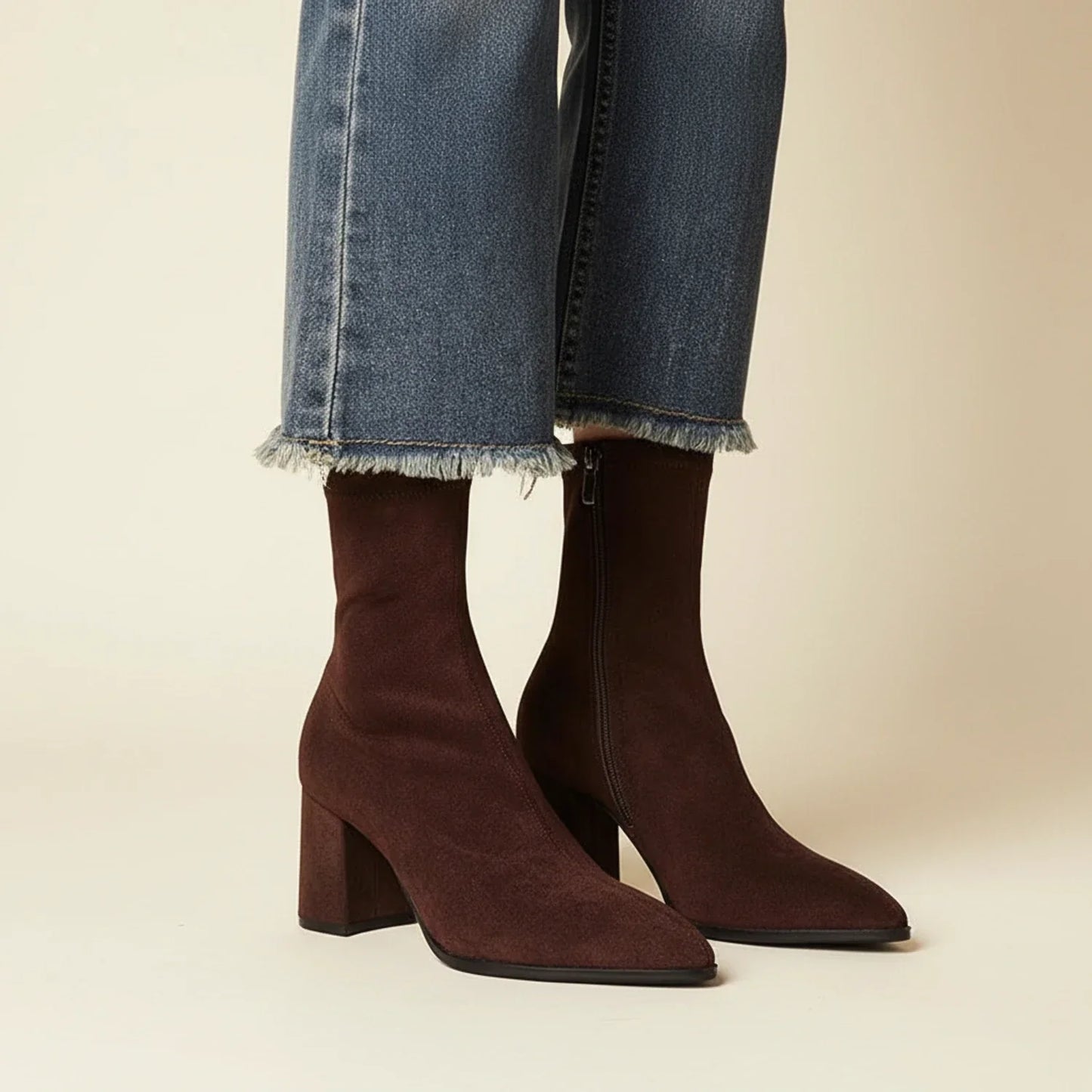 Women's brown suede ankle boots pointed toe block heel sock-boot fit polished everyday style